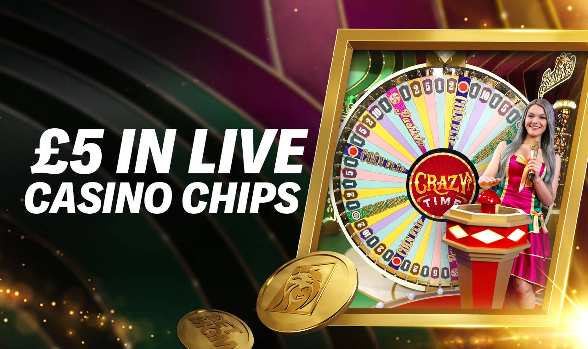 £5 in Live Casino Chips promotion with a Crazy Time game wheel and presenter.