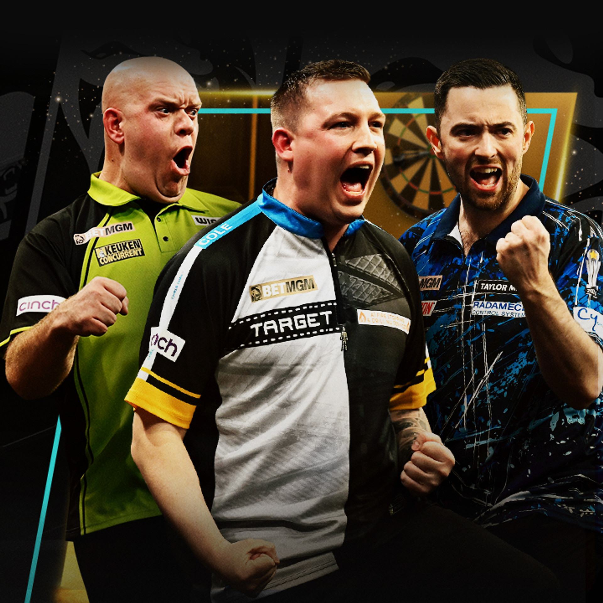 Three darts players celebrating a win.