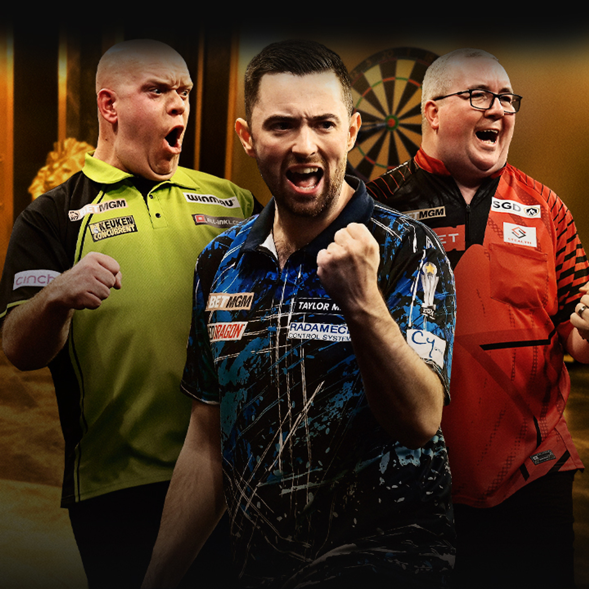 Three darts players celebrating a win, wearing branded shirts, with a dartboard in the background.