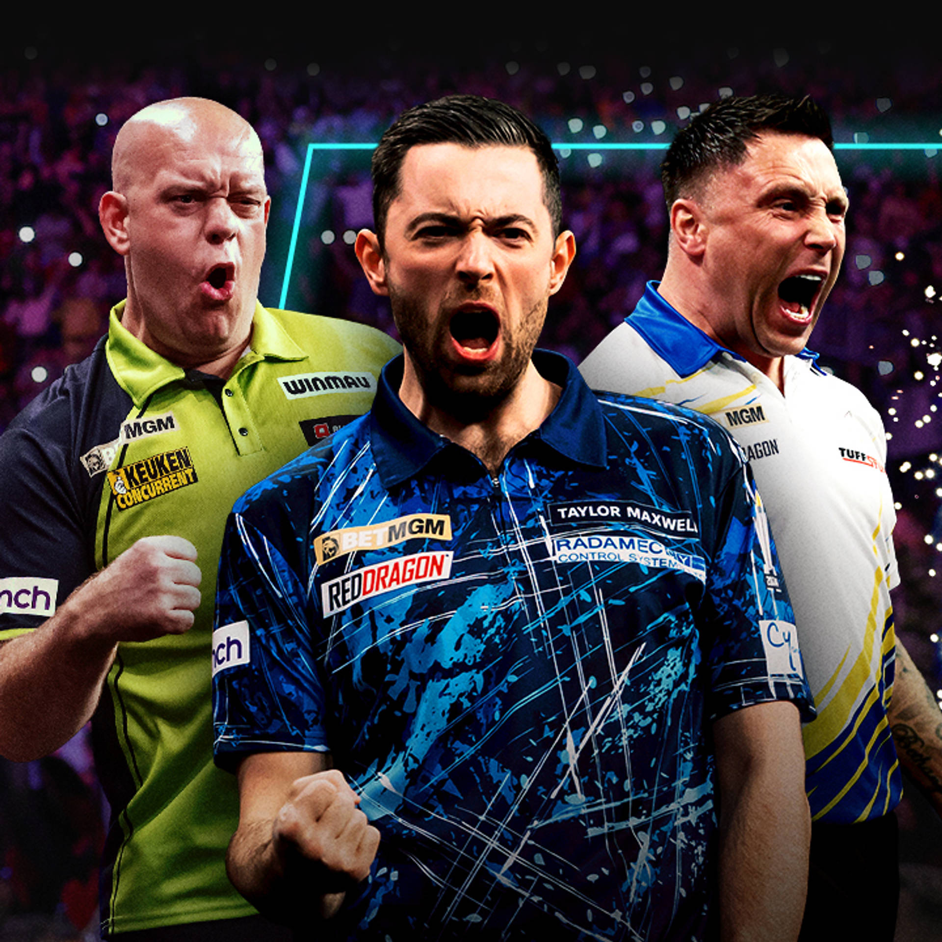 Three darts players celebrating a win.