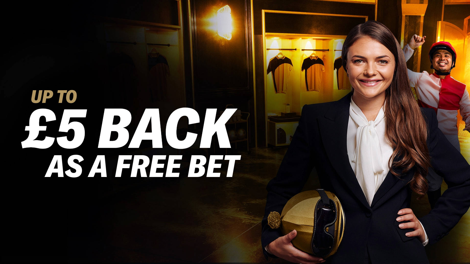 Up to £5 Back as a Free Bet promotion with a woman holding a jockey helmet and a jockey in the background.