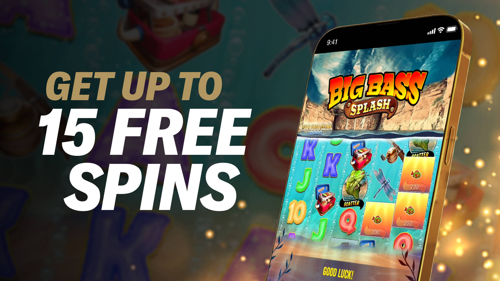 Get up to 15 Free Spins on a mobile slot game called Big Bass Splash.