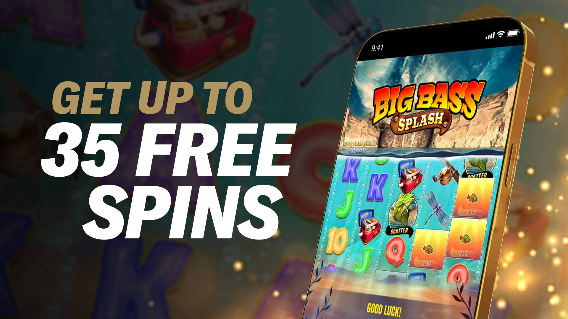 Get up to 35 Free Spins on a mobile slot game called Big Bass Splash.