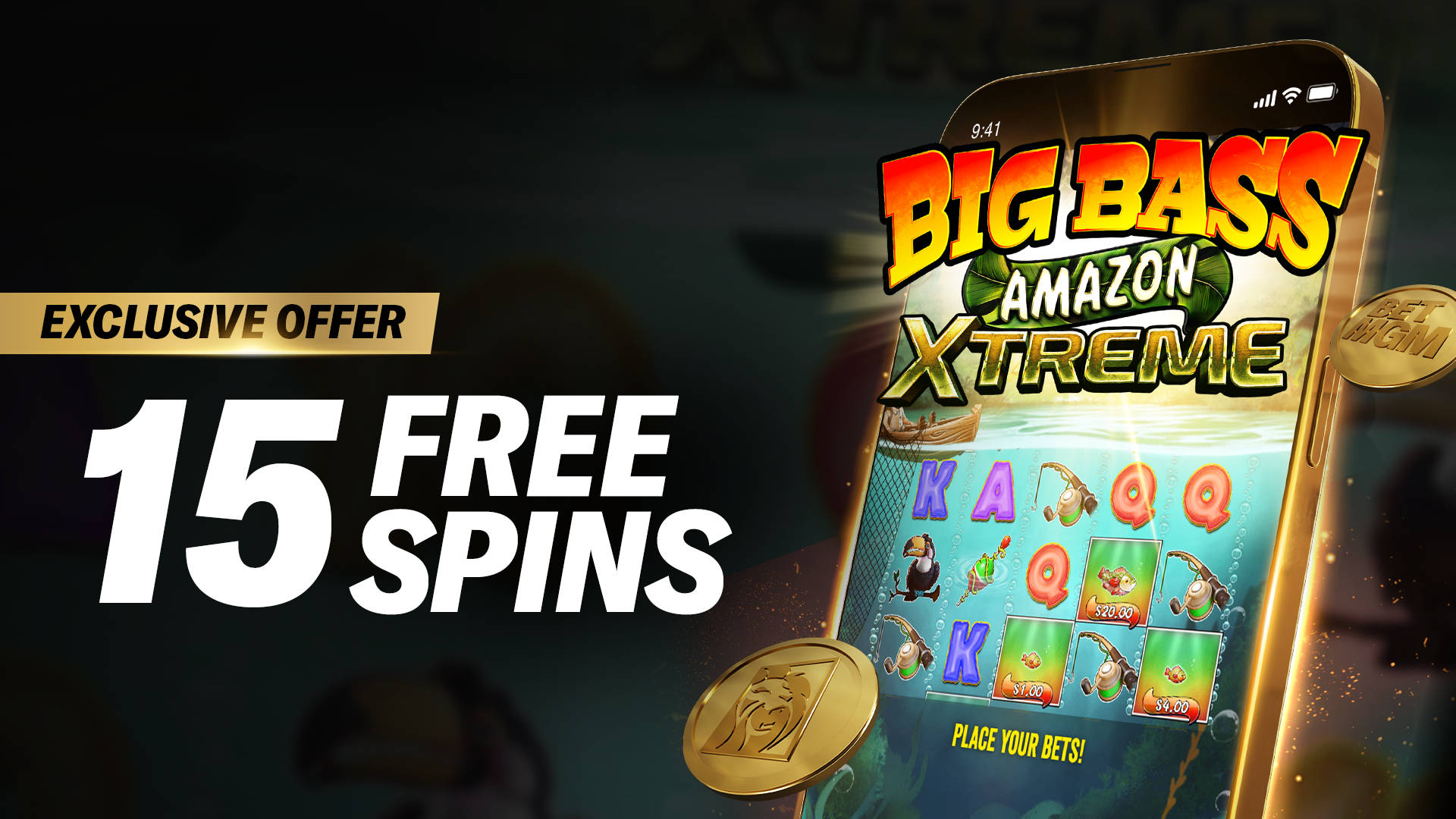 Exclusive offer: 15 Free Spins on Big Bass Amazon Xtreme slot game on a mobile device.