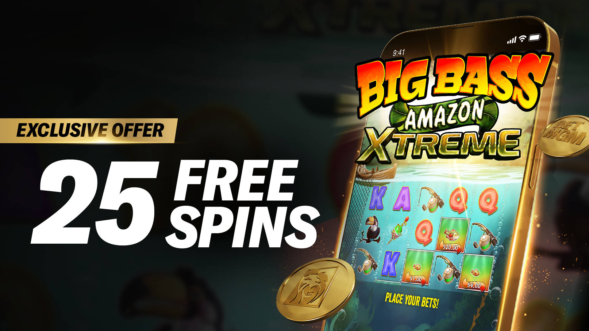 Exclusive offer: 25 Free Spins on Big Bass Amazon Xtreme slot game on a mobile device.