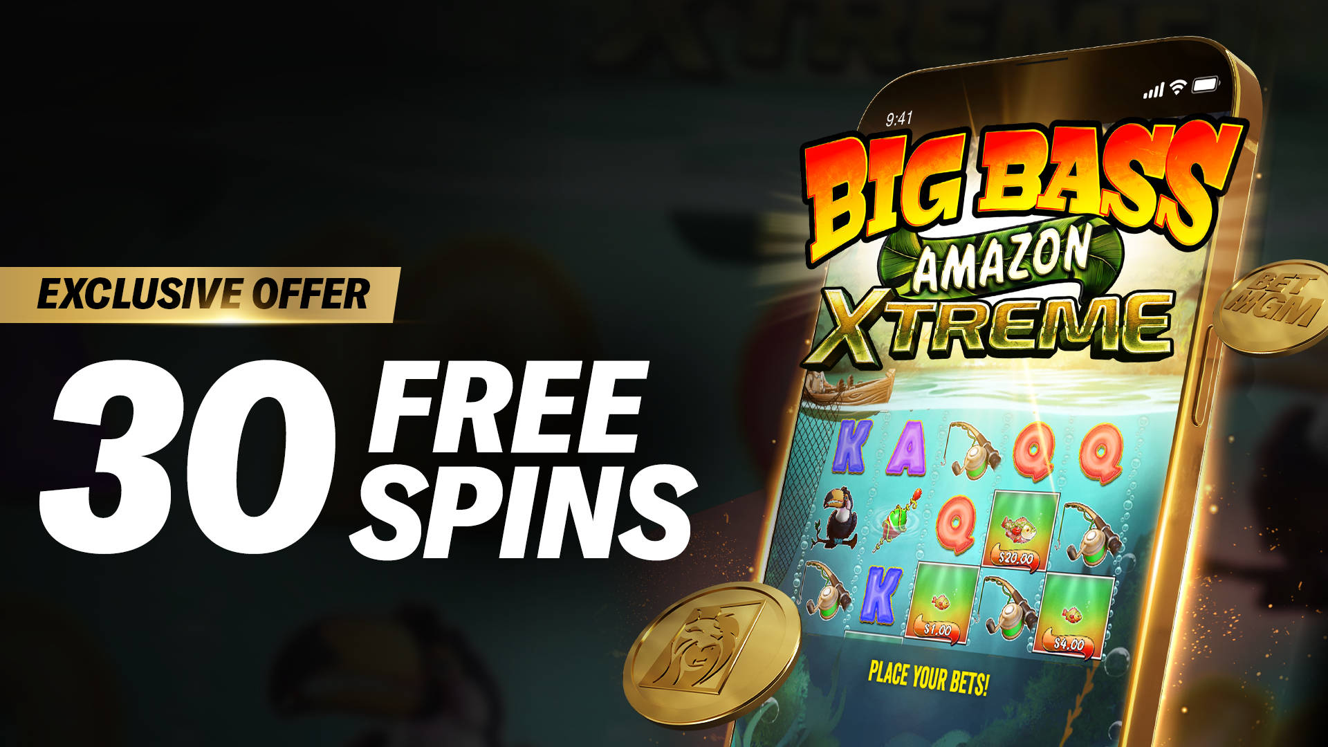 Exclusive offer: 30 Free Spins on Big Bass Amazon Xtreme slot game on a mobile device.