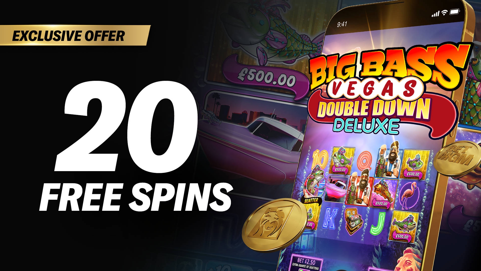 Exclusive offer: 20 Free Spins on Big Bass Vegas Double Down Deluxe slot game.