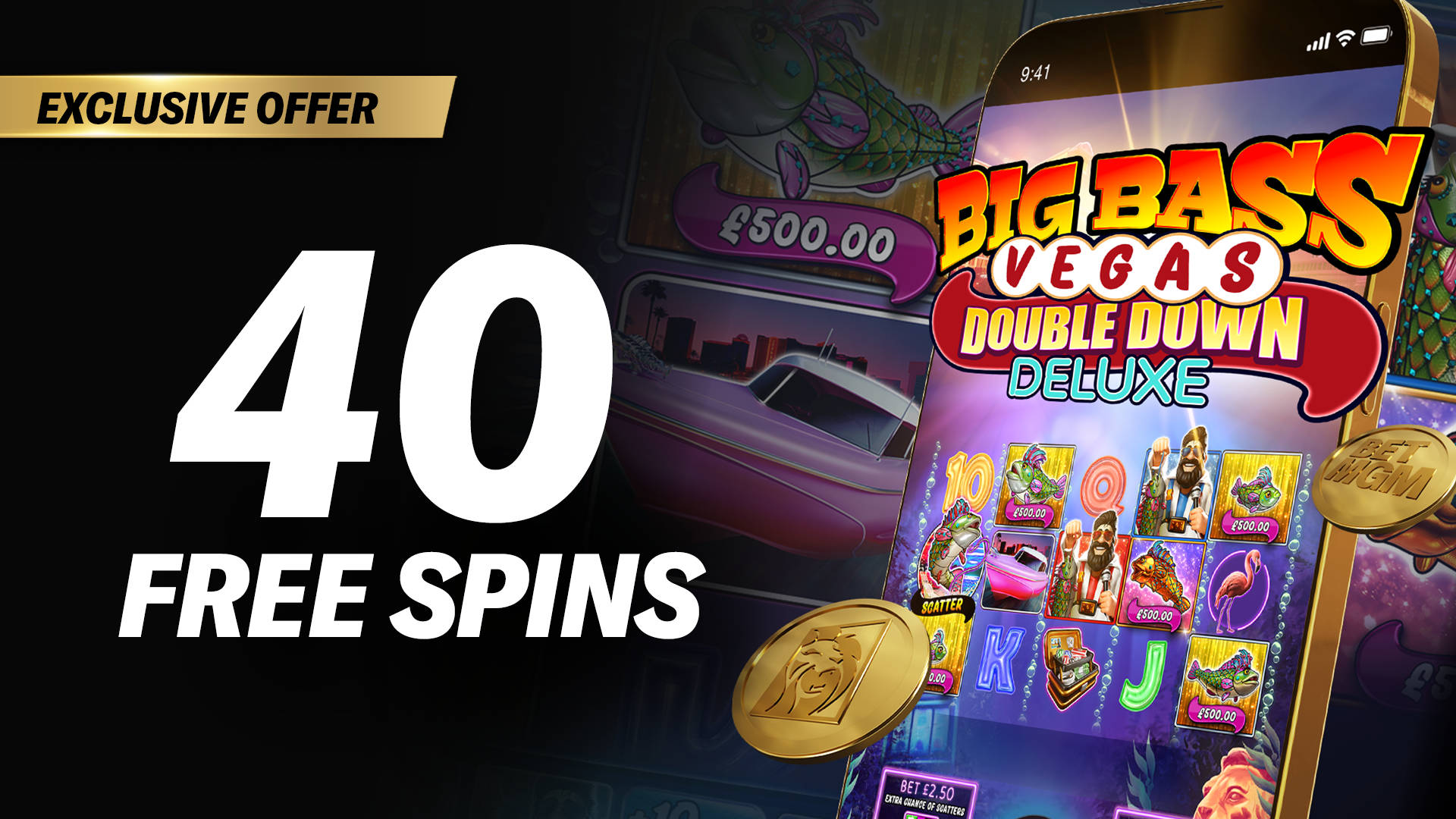 Exclusive offer: 40 Free Spins on Big Bass Vegas Double Down Deluxe slot game.
