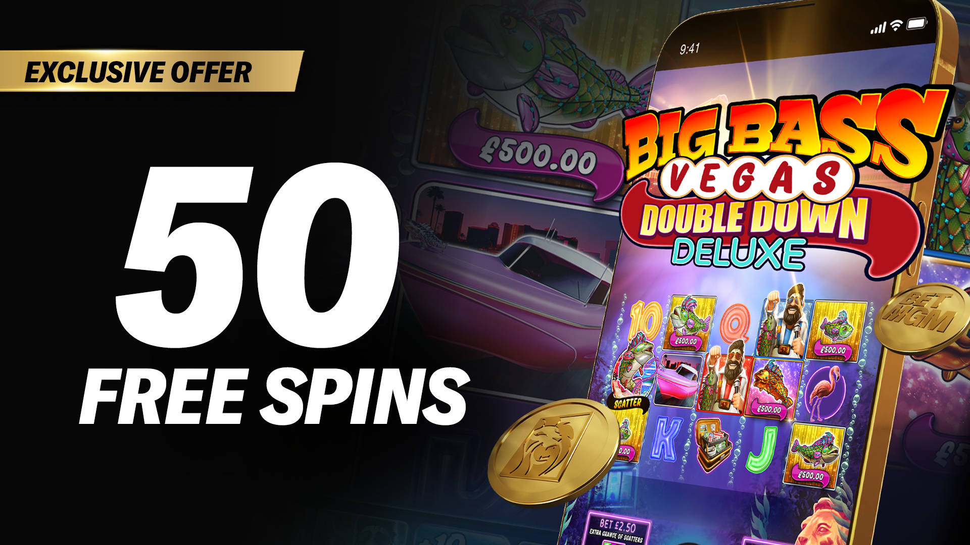 Exclusive offer: 50 Free Spins on Big Bass Vegas Double Down Deluxe slot game.
