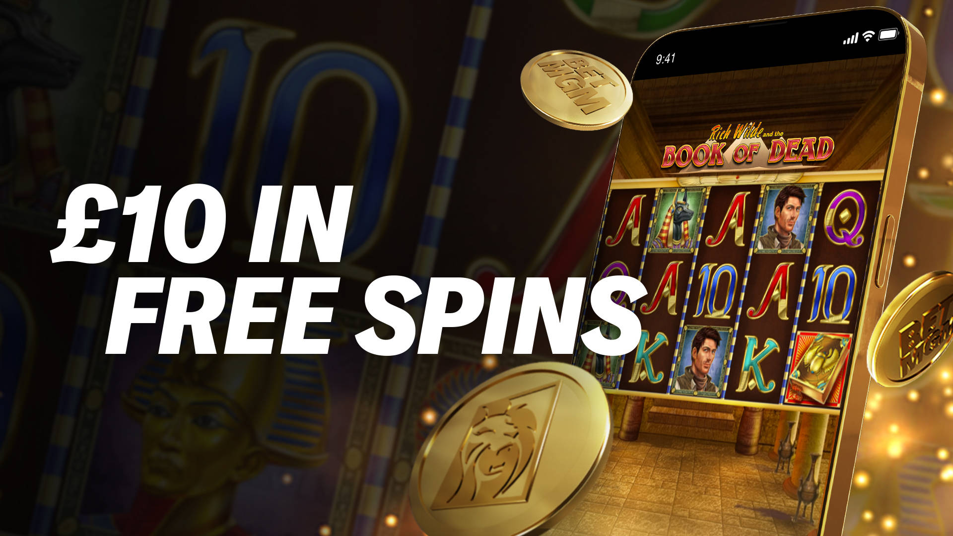 £10 in Free Spins promotion on a mobile slot game, featuring 'Book of Dead'.