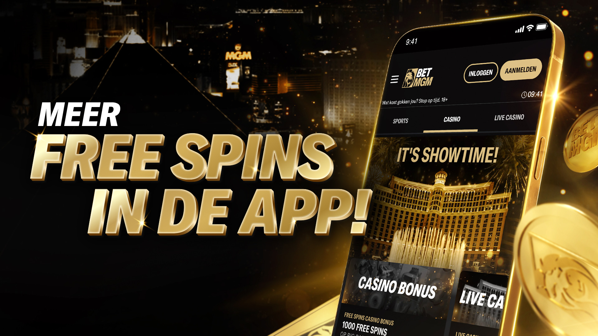 Meer Free Spins in de app! Toont Casino Bonus en Live Casino Welkomstbonus op een telefoon.