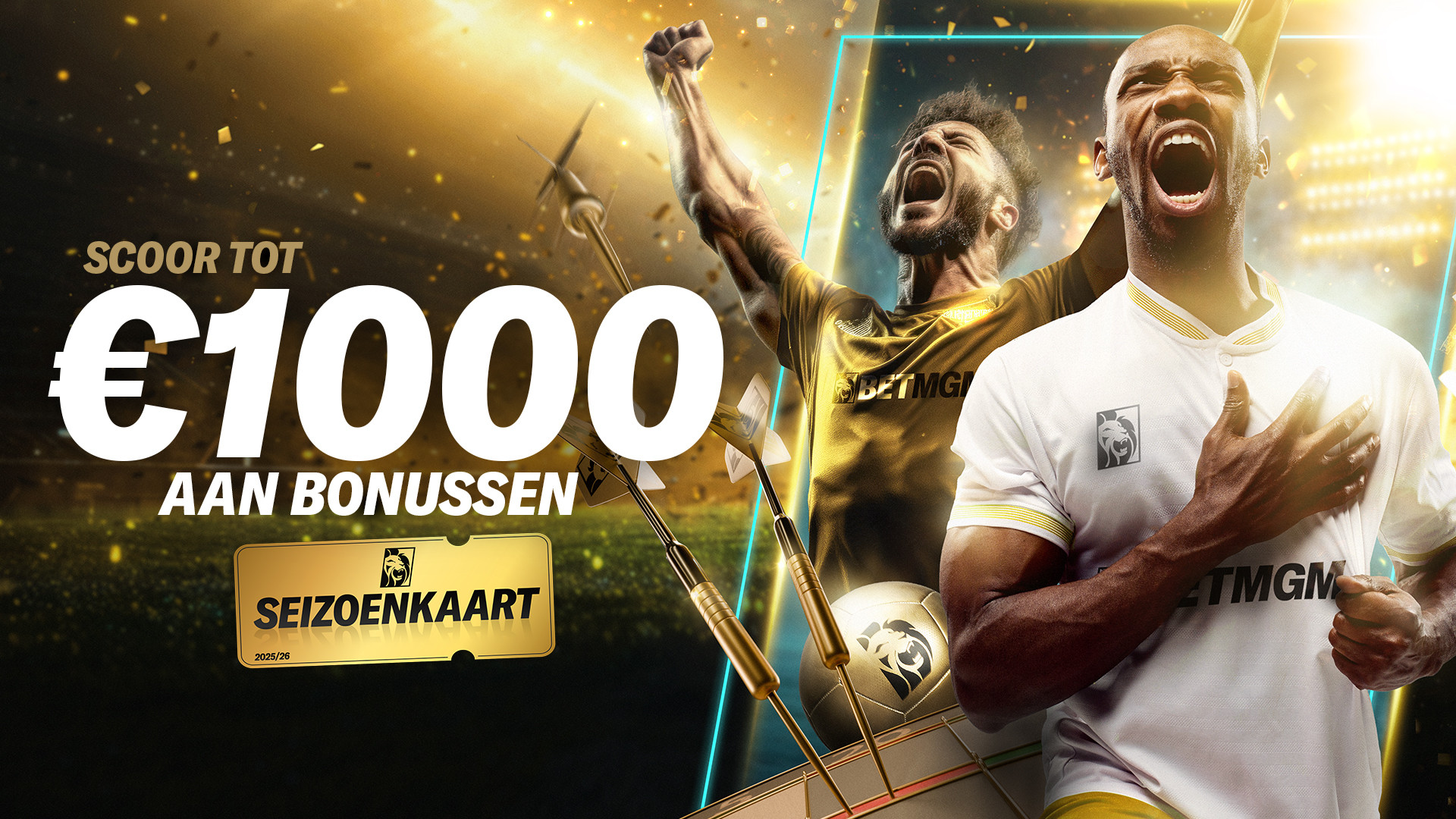 Wed €10, scoor €50 aan Free Bets, met afbeeldingen van een tennisser, coureur en voetballer met de BetMGM Seizoenkaart erbij.