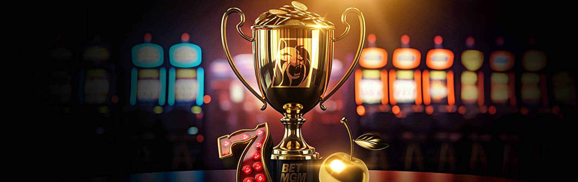 Gouden trofee met casino-achtergrond en BetMGM logo.