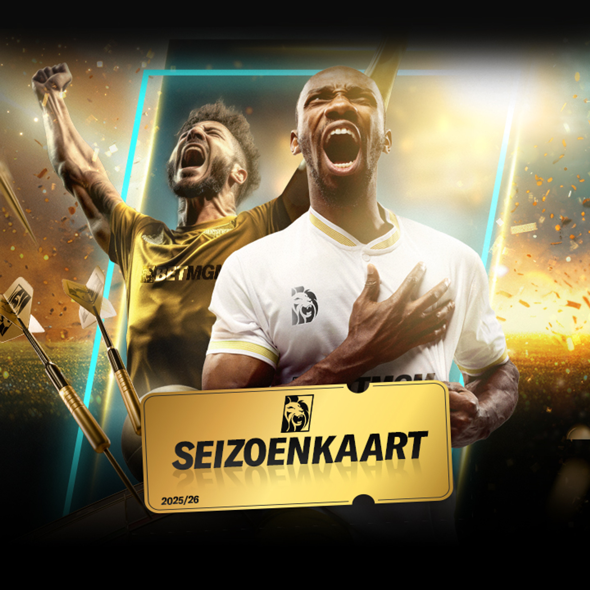 voetballers juichend in actie op een sportveld met BetMGM kleding.