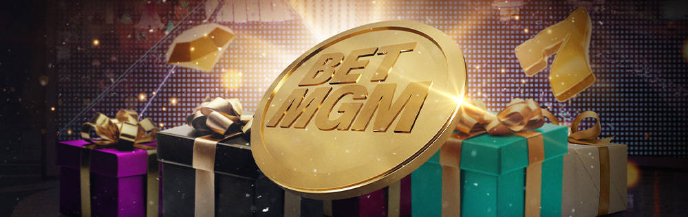 BetMGM gouden munt bovenop kleurrijke cadeaus met linten.