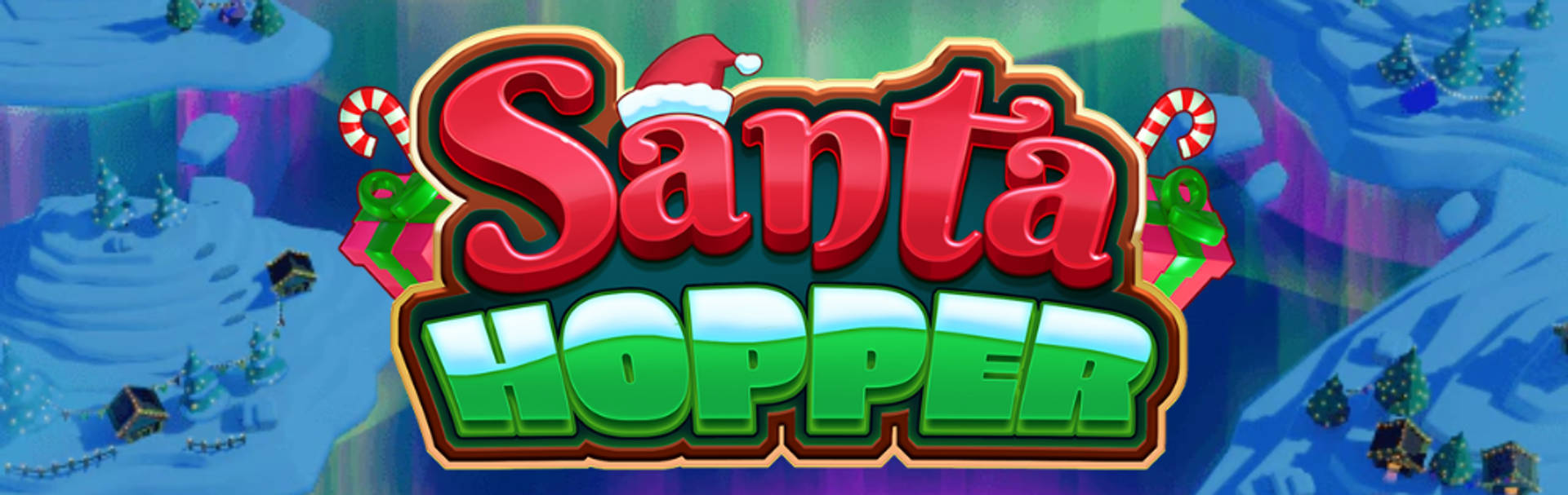 "Santa Hopper" logo, kerstthema achtergrond