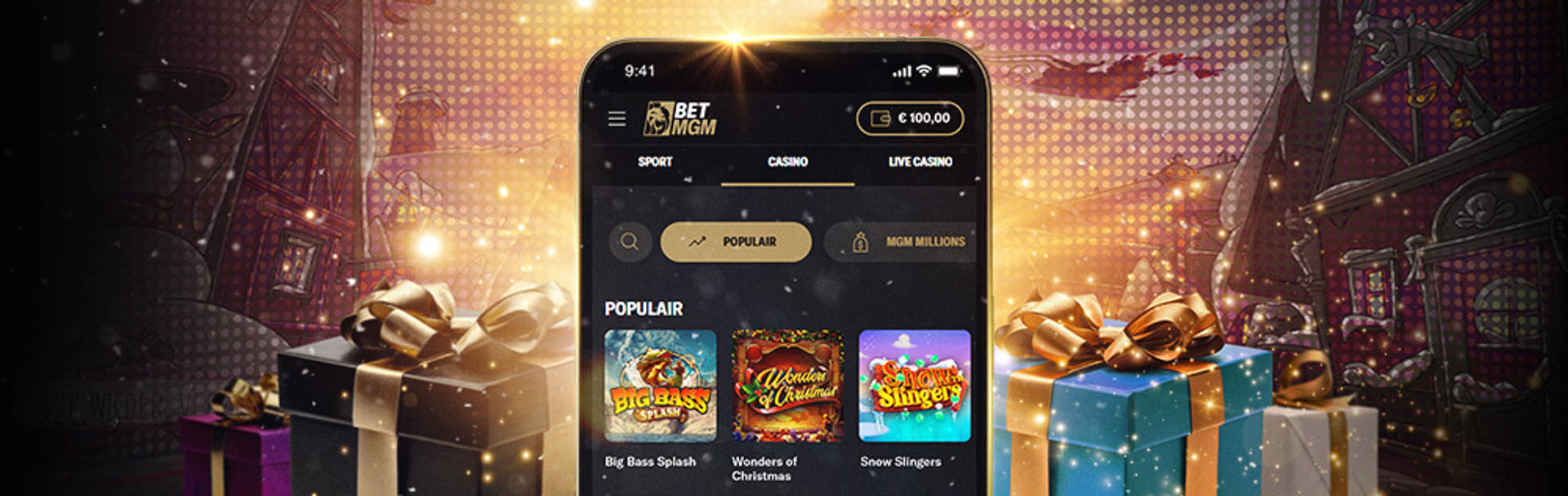 etMGM app op telefoon met MGM Millions en populaire spellen op de achtergrond van kerstcadeaus.