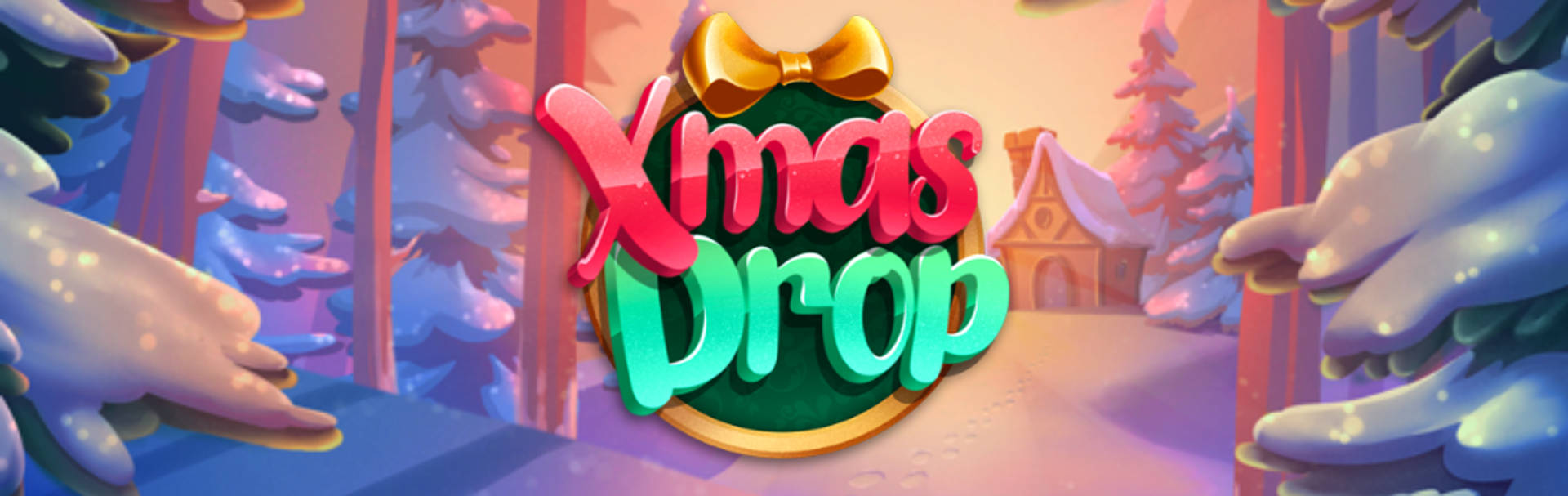 'Xmas Drop' game-logo tegen een winterlandschap met besneeuwde bomen en een huis.