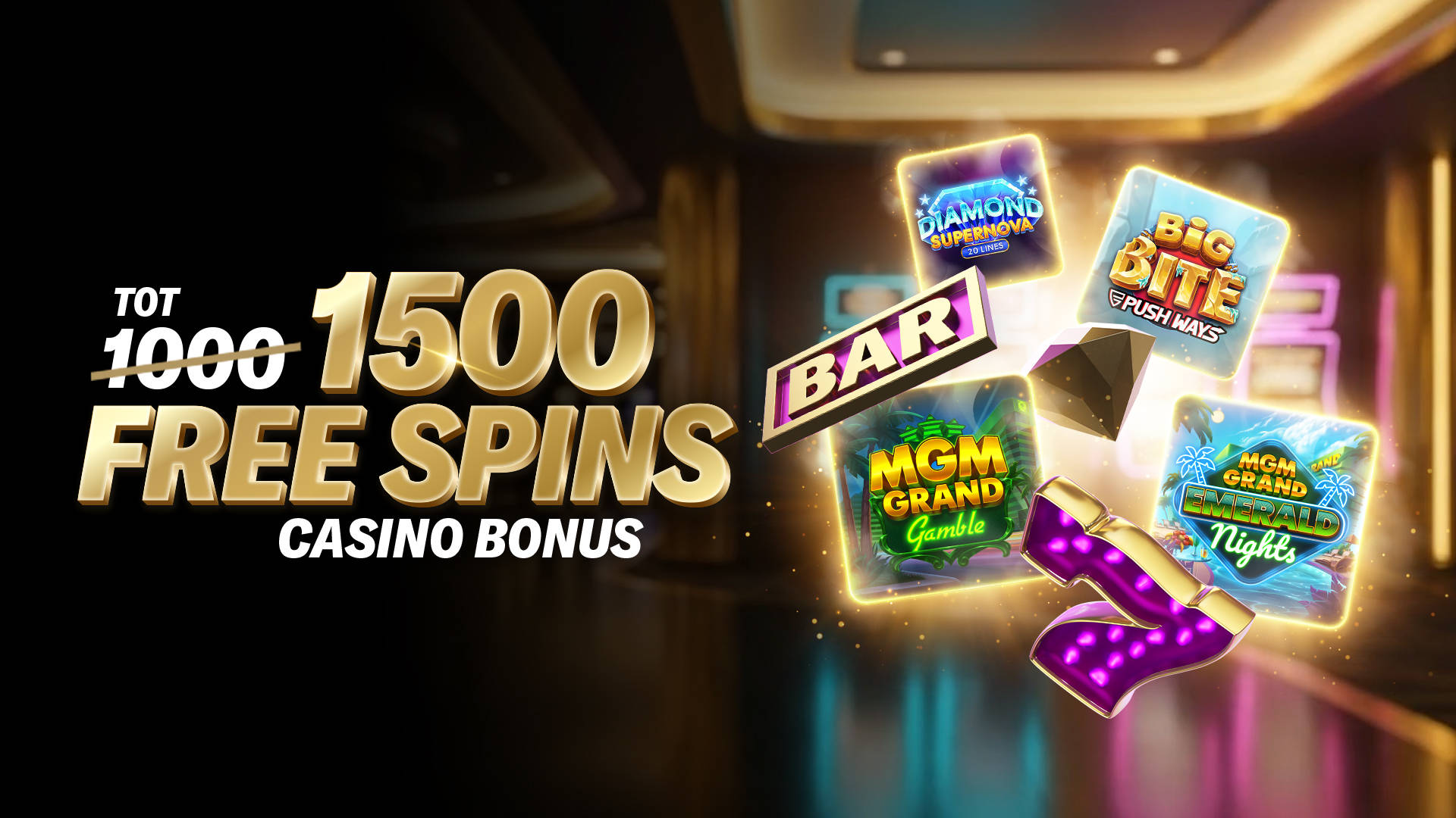 Tot 1500 Free Spins Casino Bonus met slotspellen.
