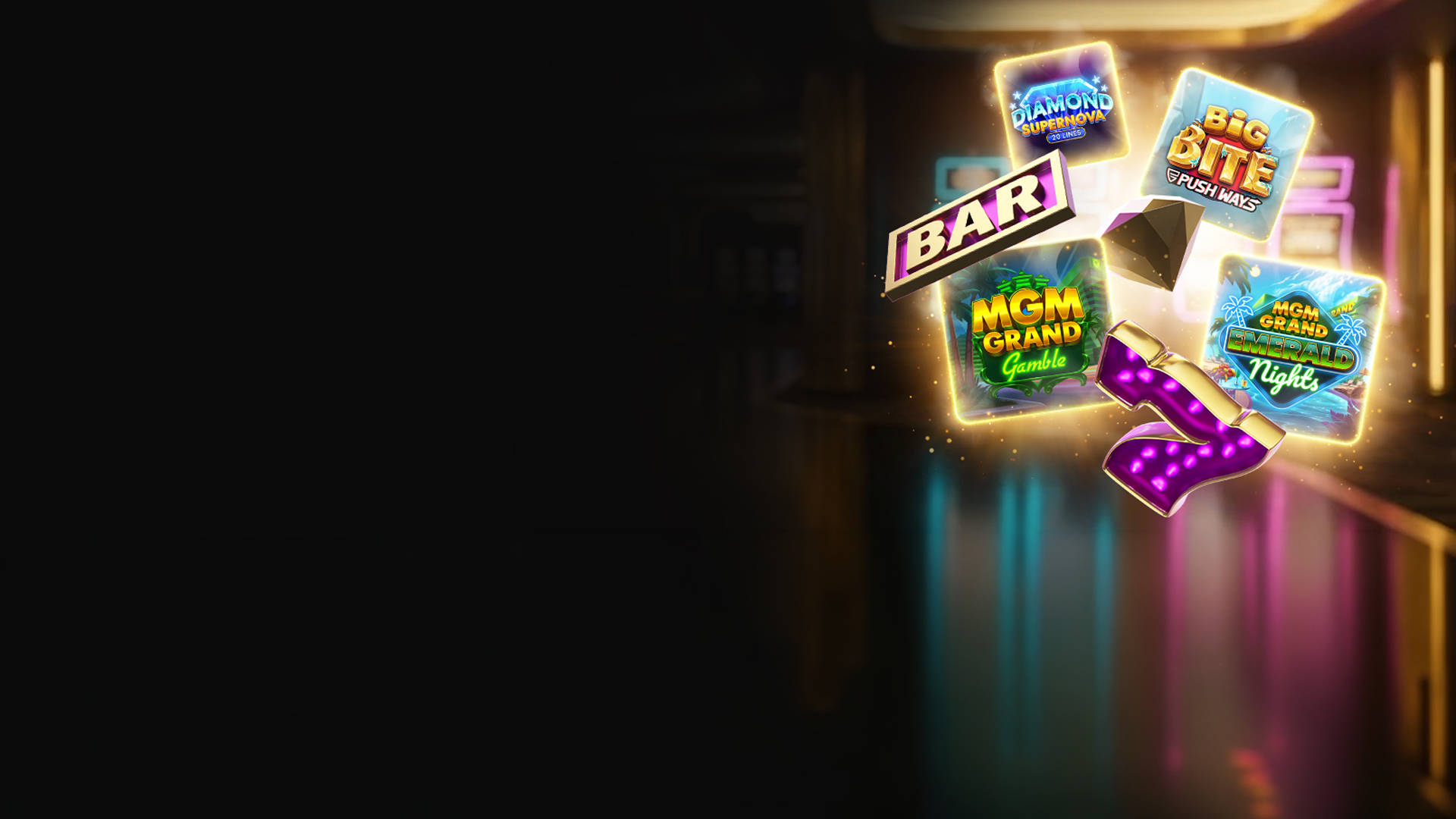 Casino-elementen en de casinospellen MGM Grand Gamble, MGM Grand Emerald Nights, Big Bite Push Ways en Diamond Supernova 20.