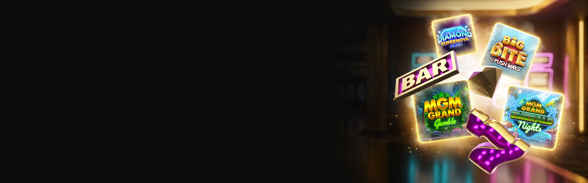 Casino-elementen en de casinospellen MGM Grand Gamble, MGM Grand Emerald Nights, Big Bite Push Ways en Diamond Supernova 20.
