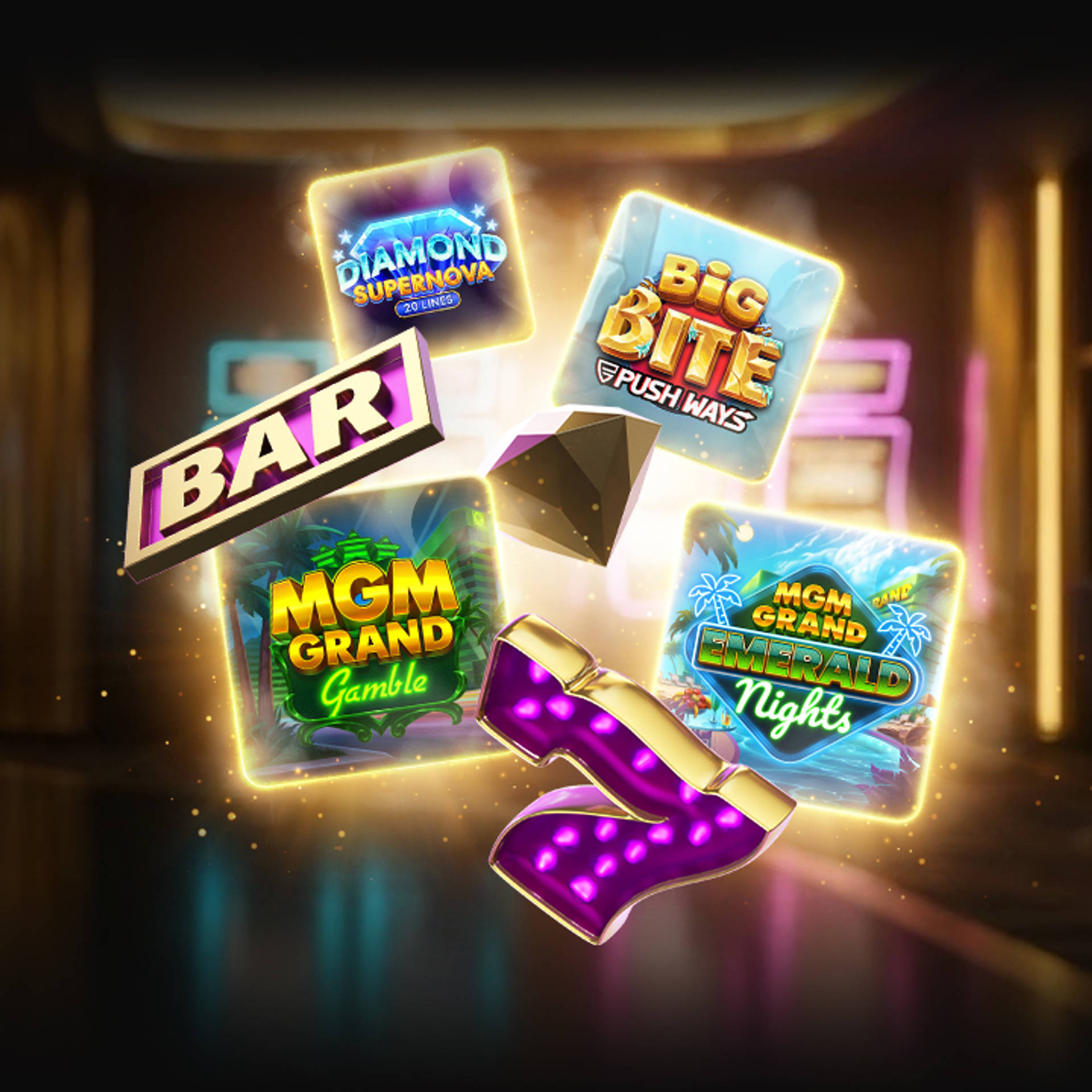 Casino-elementen en de casinospellen MGM Grand Gamble, MGM Grand Emerald Nights, Big Bite Push Ways en Diamond Supernova 20.