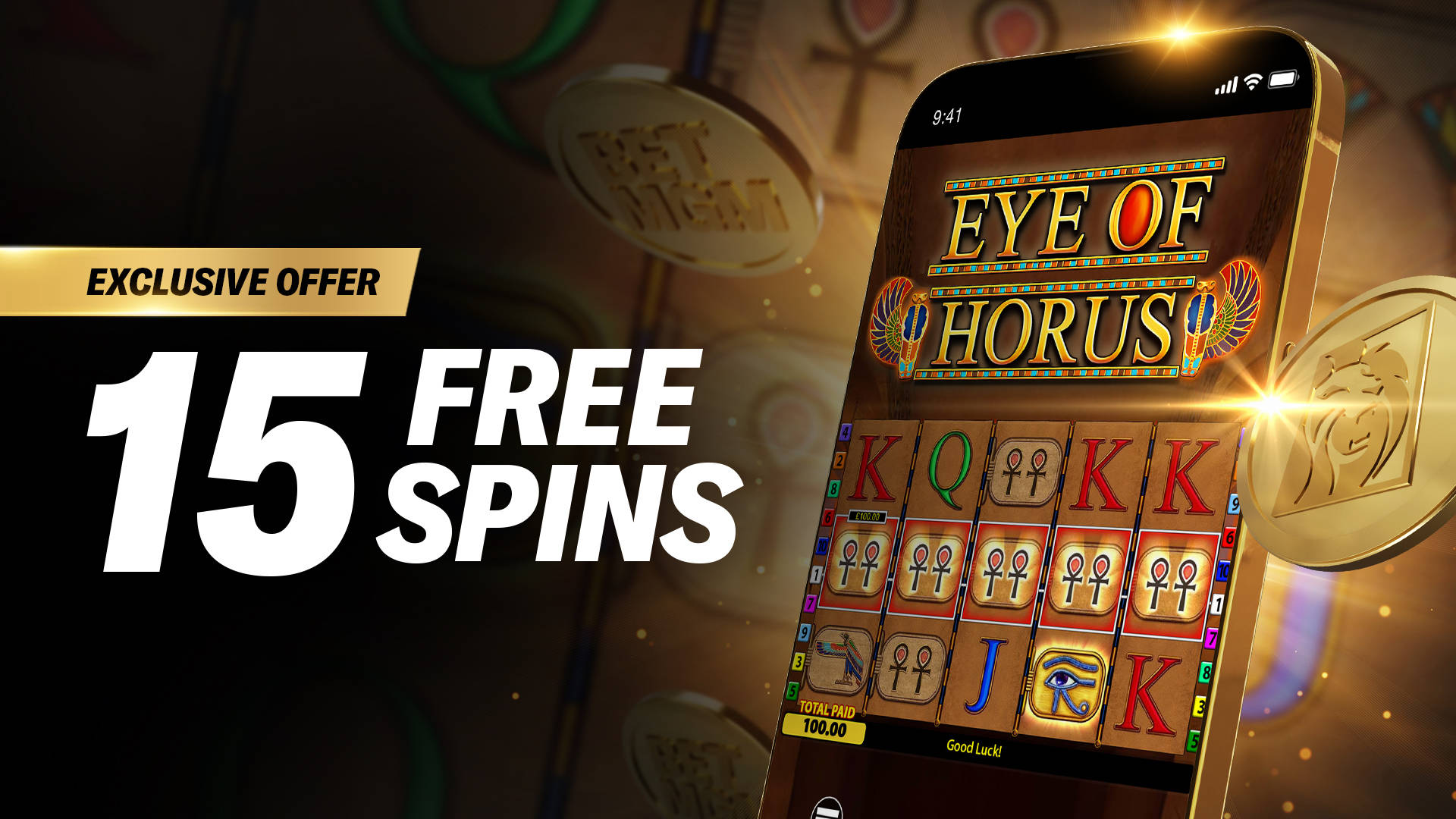 Exclusive offer: 15 Free Spins on the Eye of Horus slot game on a mobile device.