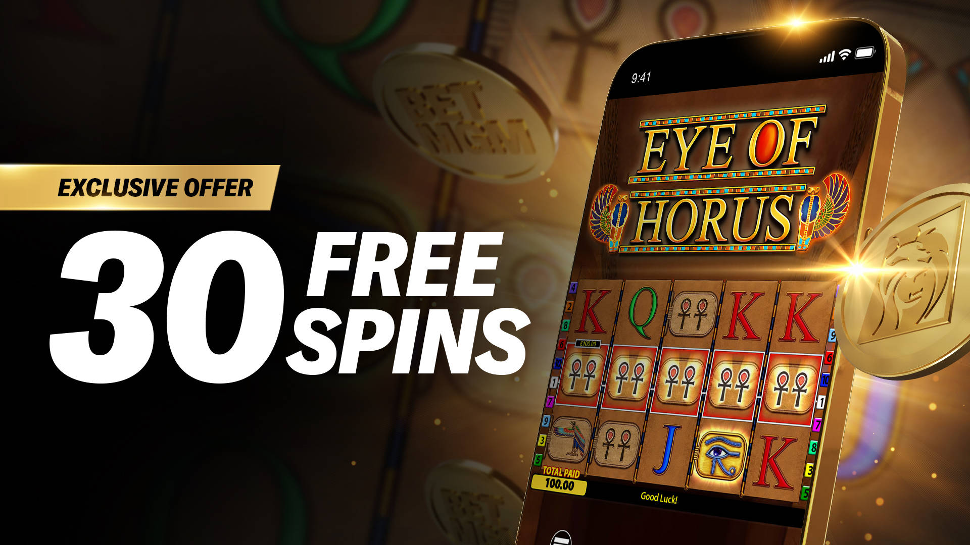 30 Free Spins on the Eye of Horus slot game on a mobile phone.