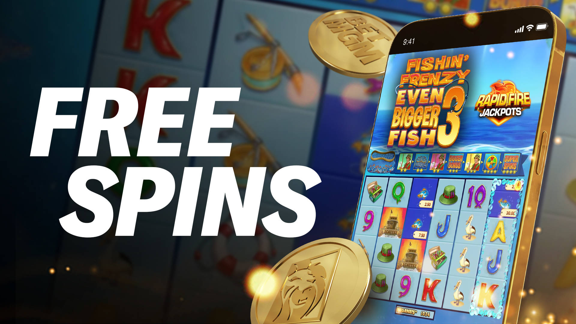 Free Spins promotion for the Fishin' Frenzy slot game on a mobile phone.