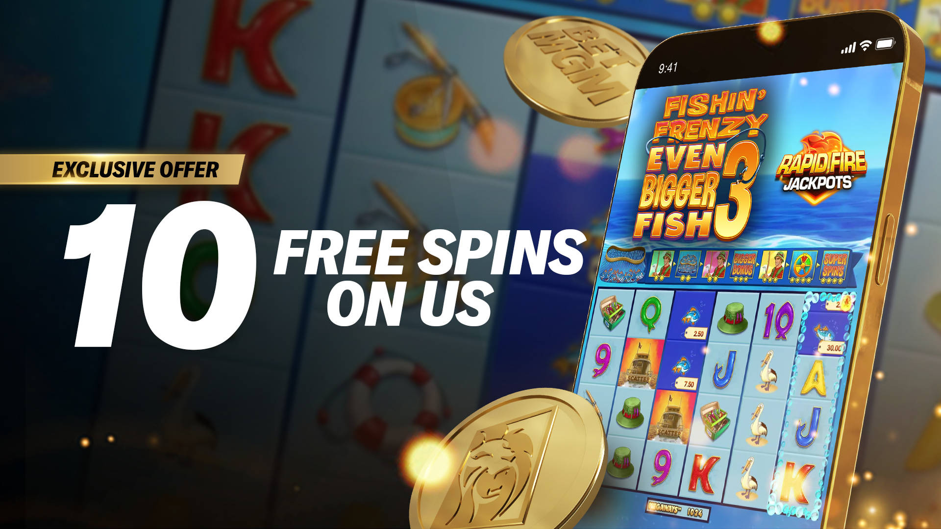 Exclusive offer: 10 Free Spins on the Fishin' Frenzy slot game on a mobile phone.