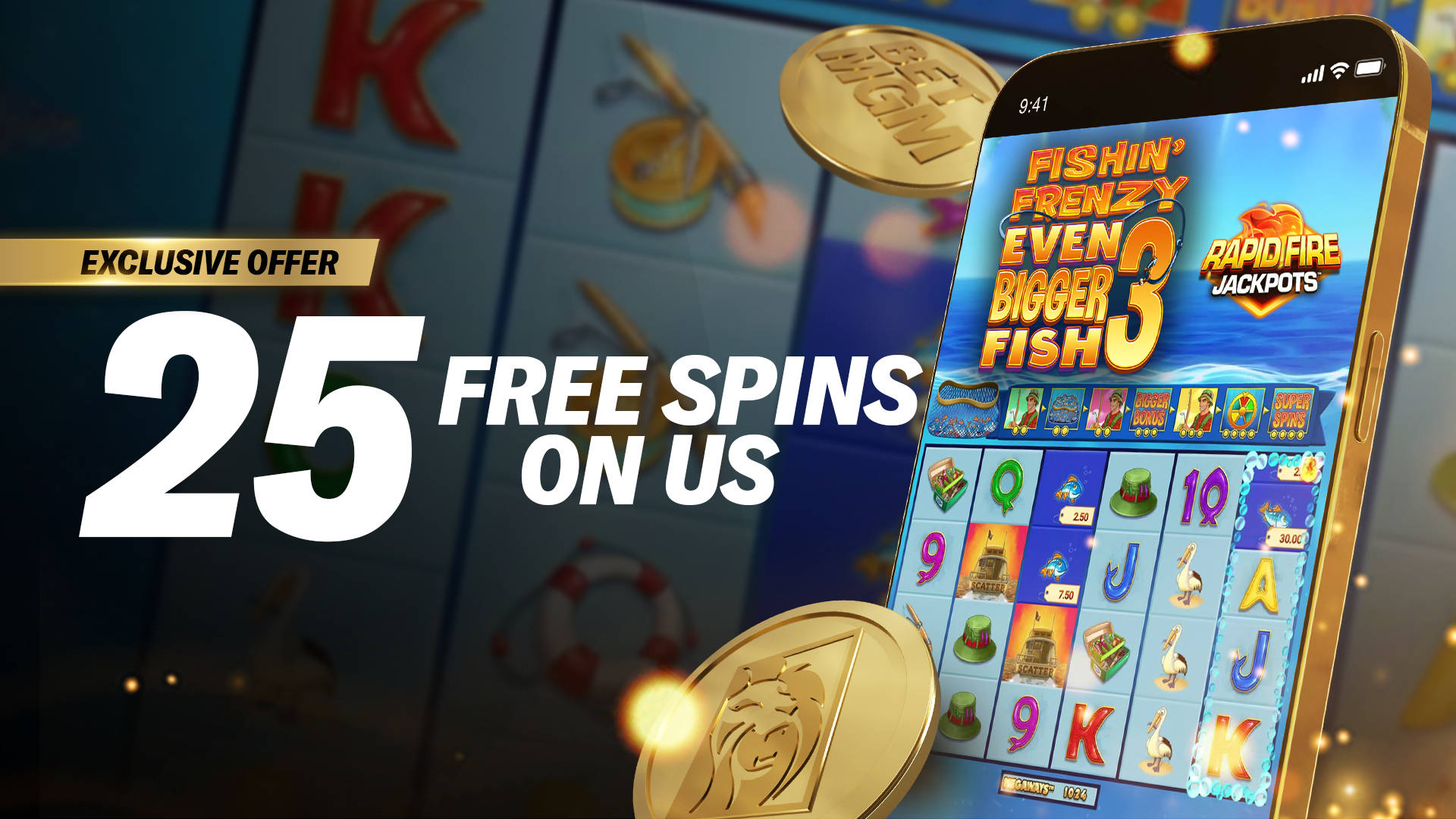 Exclusive offer: 25 Free Spins on us, shown with a mobile phone displaying a slot game.
