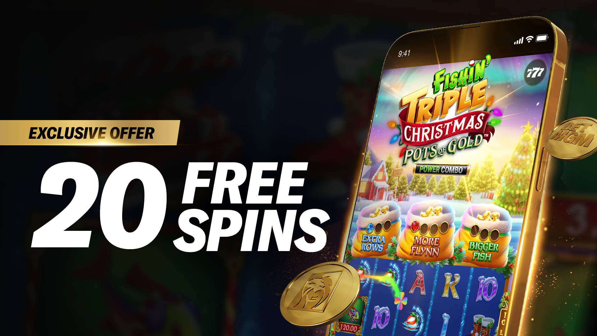 Exclusive offer: 20 Free Spins on a mobile slot game, Fishin' Triple Christmas Pots of Gold