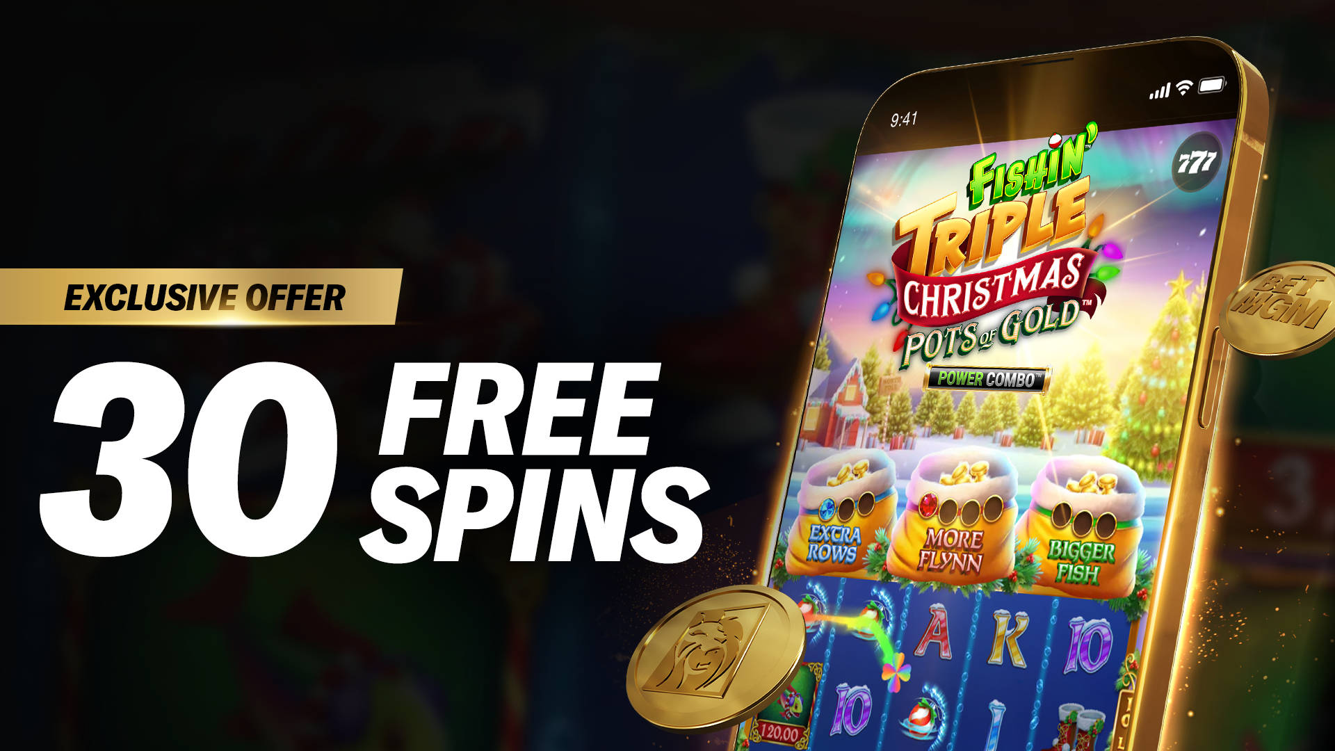 Exclusive offer: 30 Free Spins on a mobile slot game, Fishin' Triple Christmas Pots of Gold