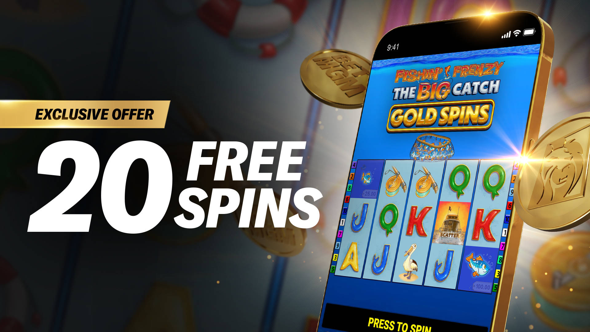 Exclusive Offer: 20 Free Spins on Fishin' Frenzy The Big Catch Gold Spins slot game on a mobile phone.