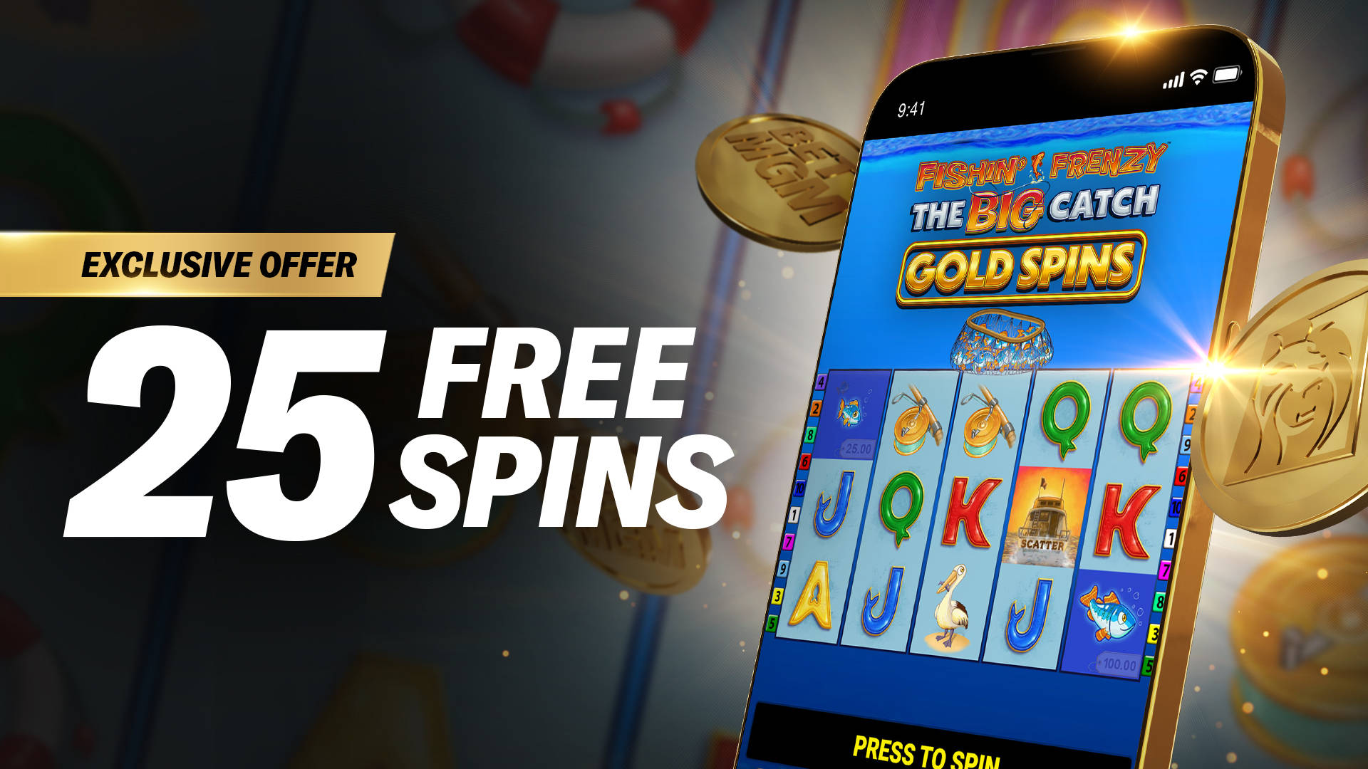 Exclusive Offer: 25 Free Spins on Fishin' Frenzy The Big Catch Gold Spins slot game on a mobile phone.