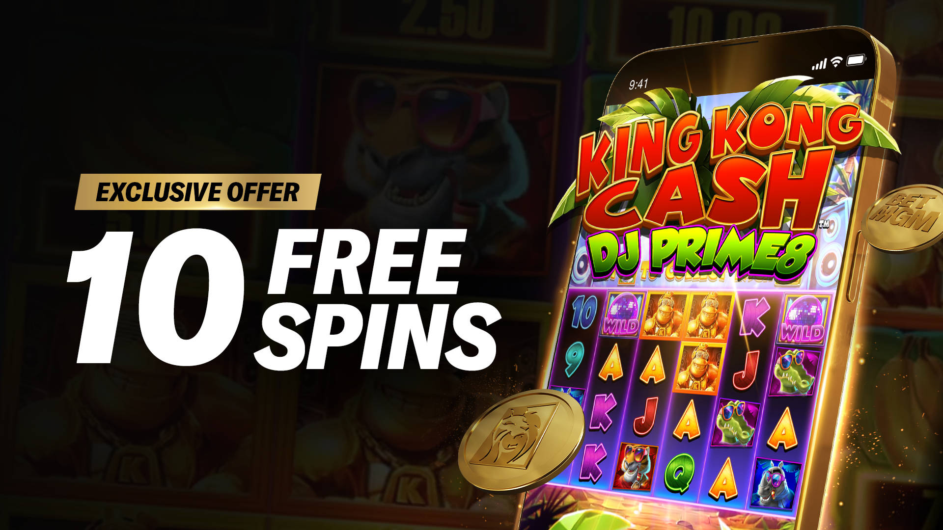 Exclusive offer: 10 Free Spins on King Kong Cash slot game on a mobile device.