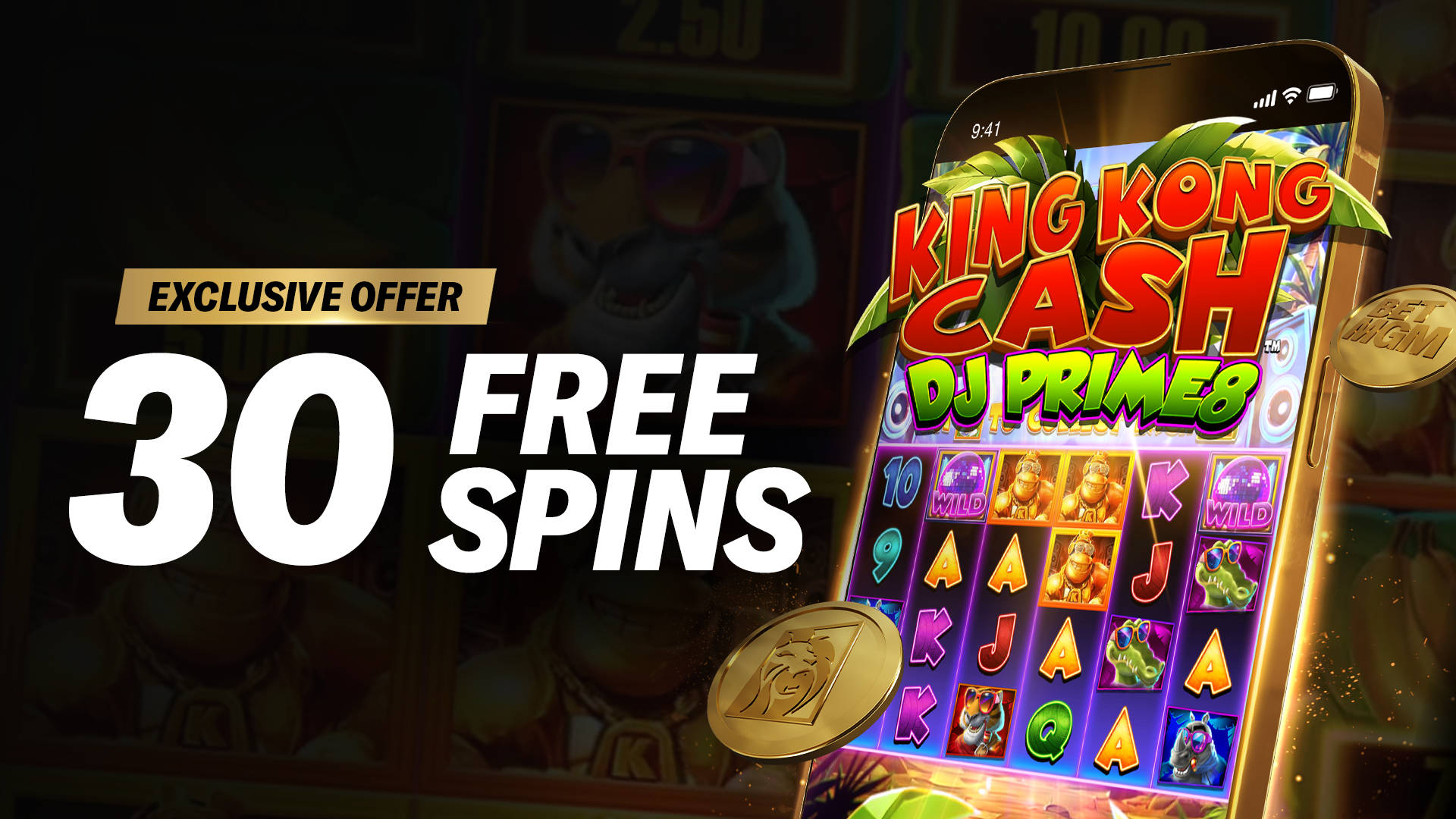 30 Free Spins on the King Kong Cash slot game on a mobile device.