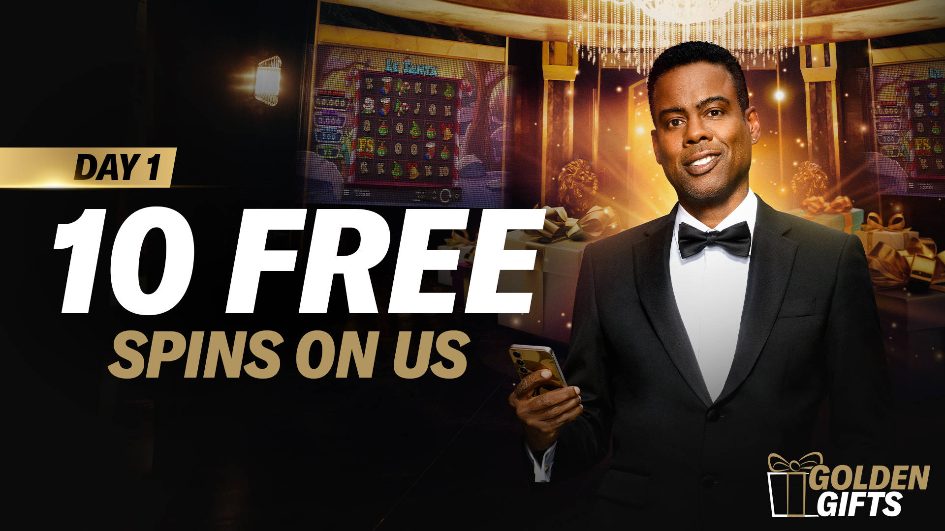 10 Free Spins and Golden Gifts promotion featuring a man in a tuxedo.