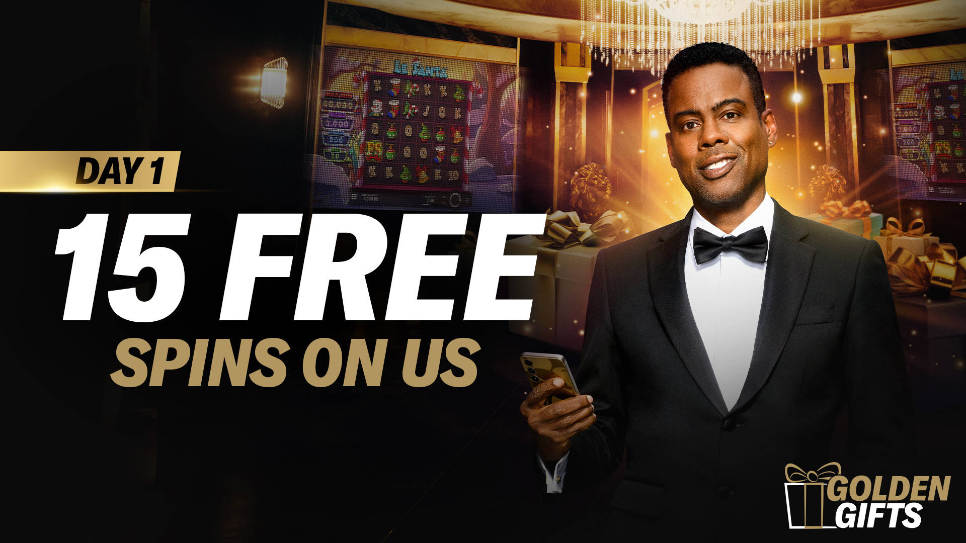 15 Free Spins and Golden Gifts promotion featuring a man in a tuxedo.