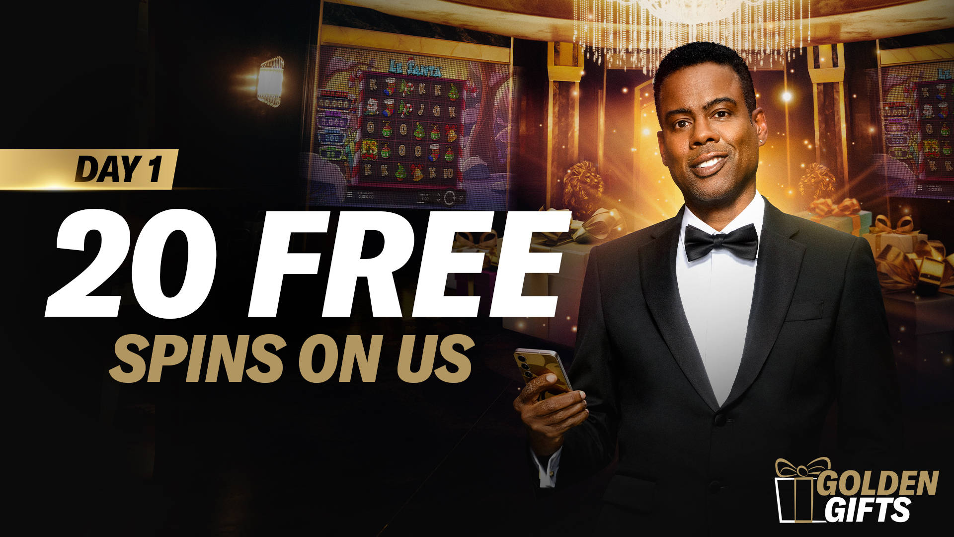 20 Free Spins and Golden Gifts promotion featuring a man in a tuxedo.