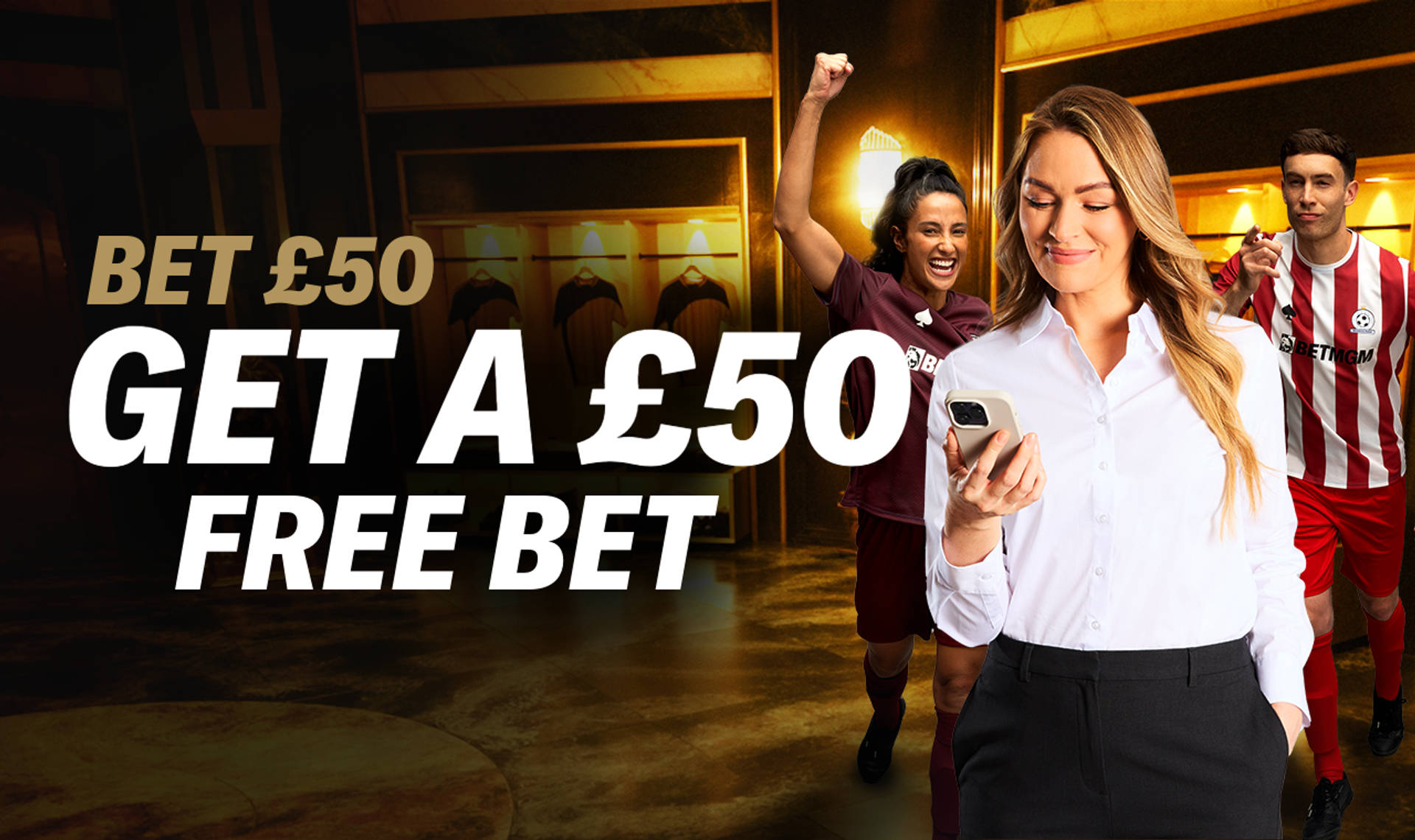 Bet £50, get a £50 Free Bet offer with sports fans in the background.