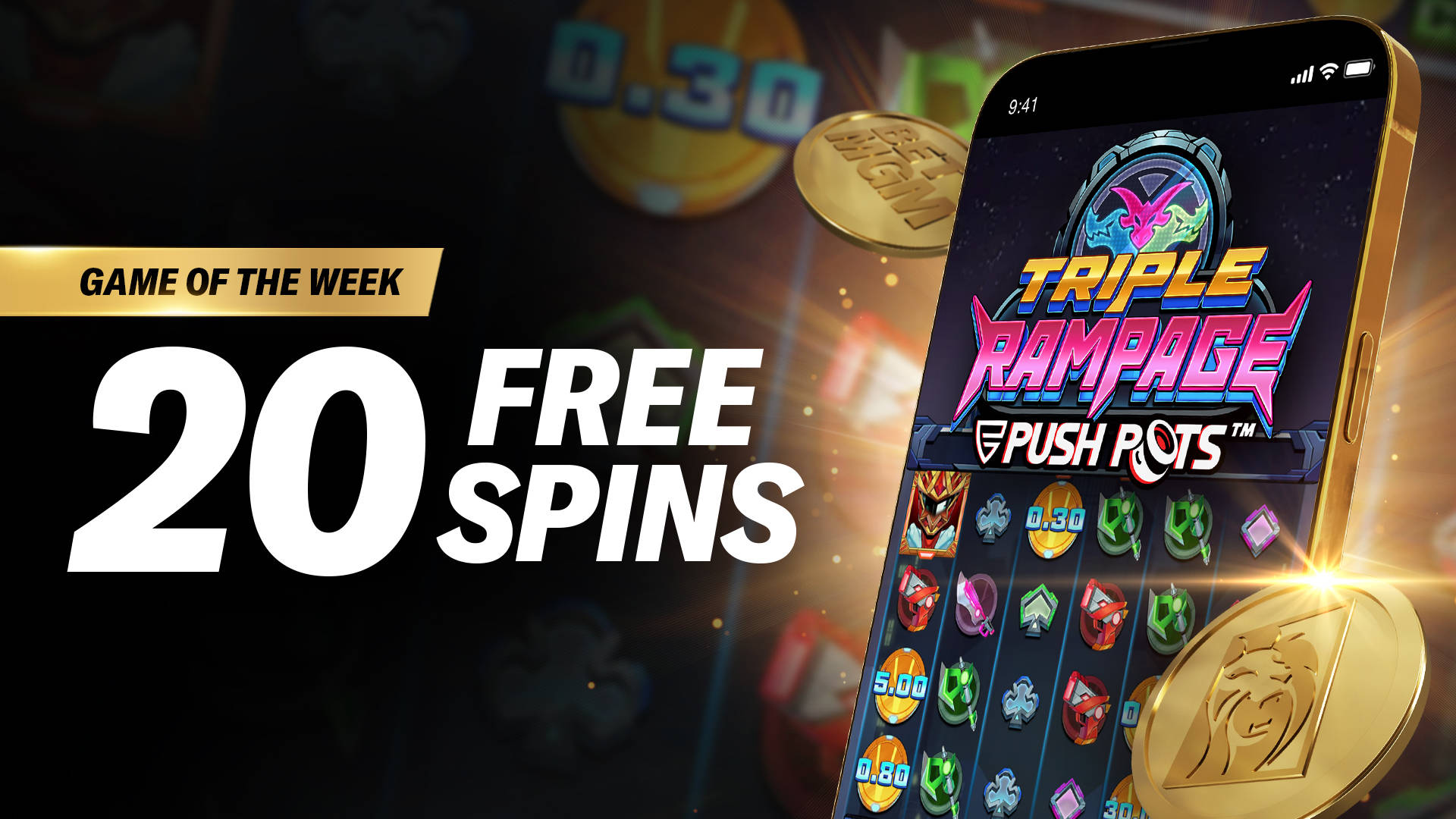 Game of the Week: 20 Free Spins on Triple Rampage Push Pots slot game on a mobile phone.