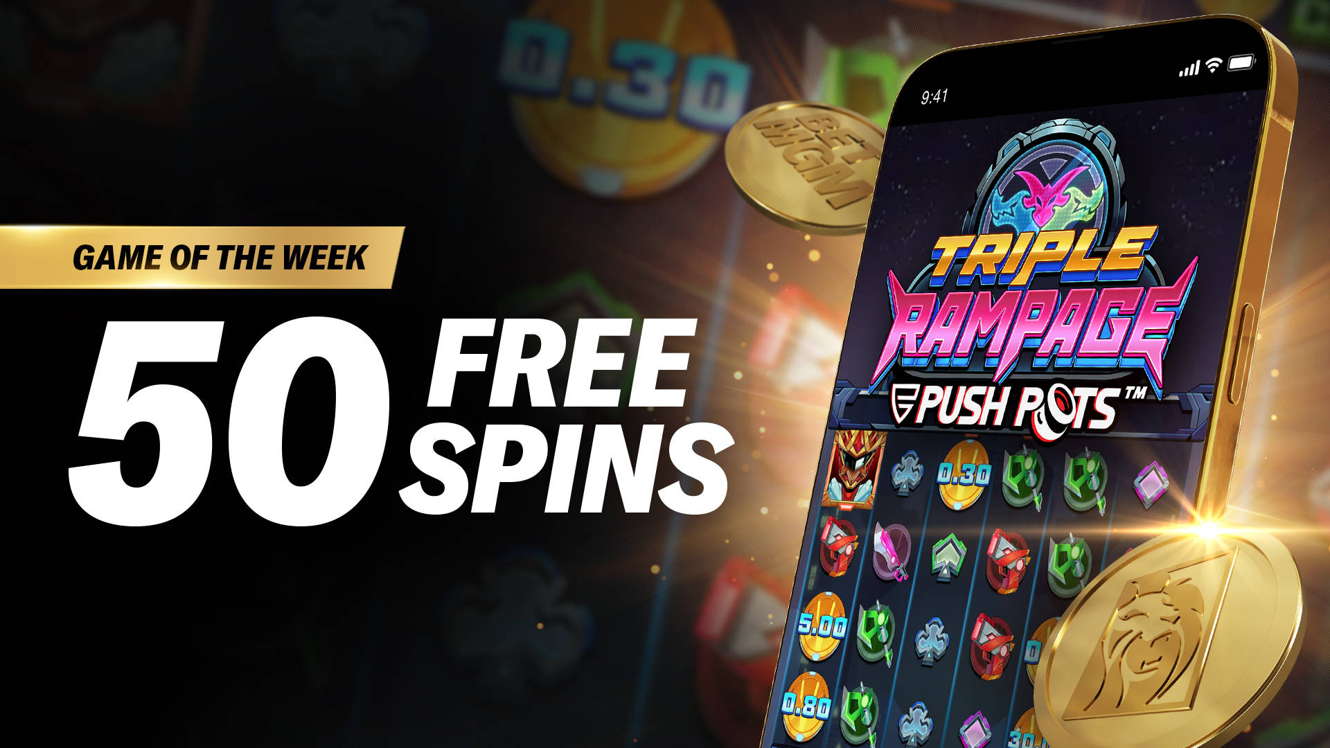 Game of the Week: 50 Free Spins on Triple Rampage Push Pots slot game on a mobile phone.