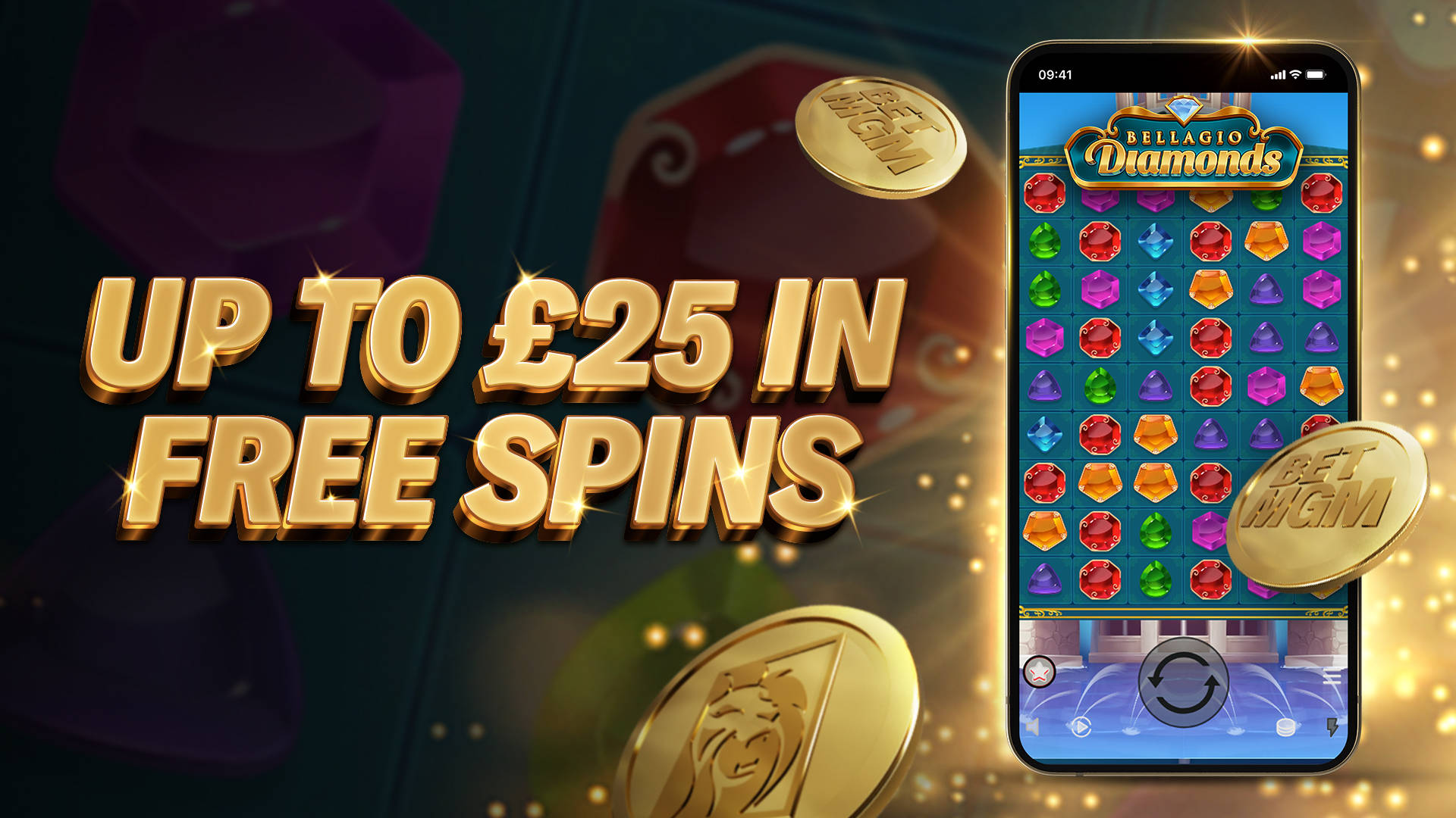 Up to £25 in Free Spins on a mobile game featuring gem matching.