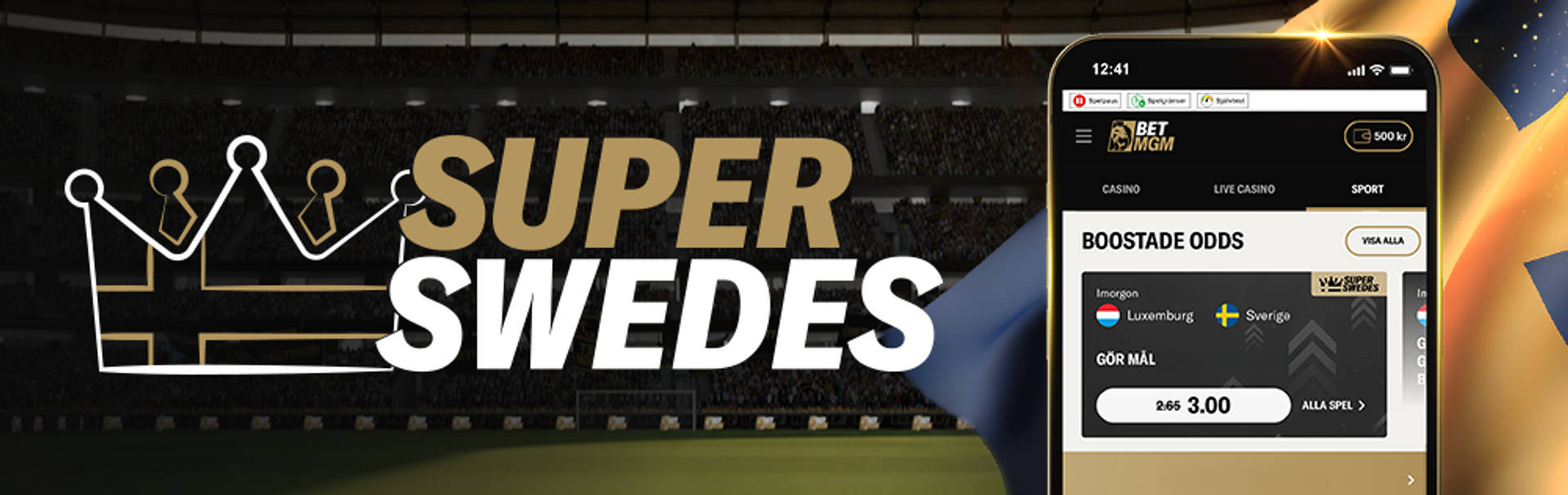 BetMGM kampanj med Boostat odds för svenska spelare på fotbollsmatch.