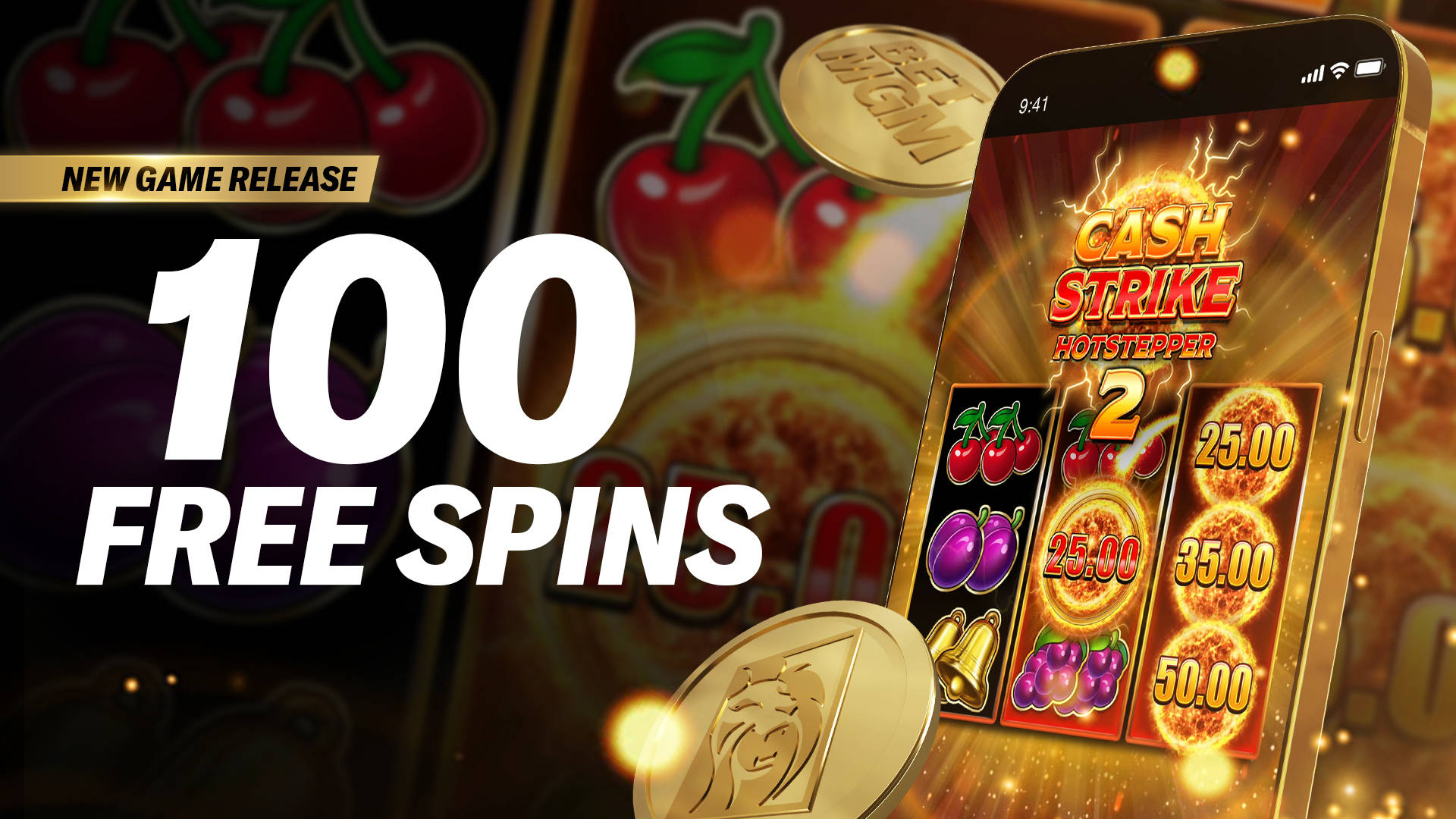 New game release promotion with 100 Free Spins on a mobile slot game.