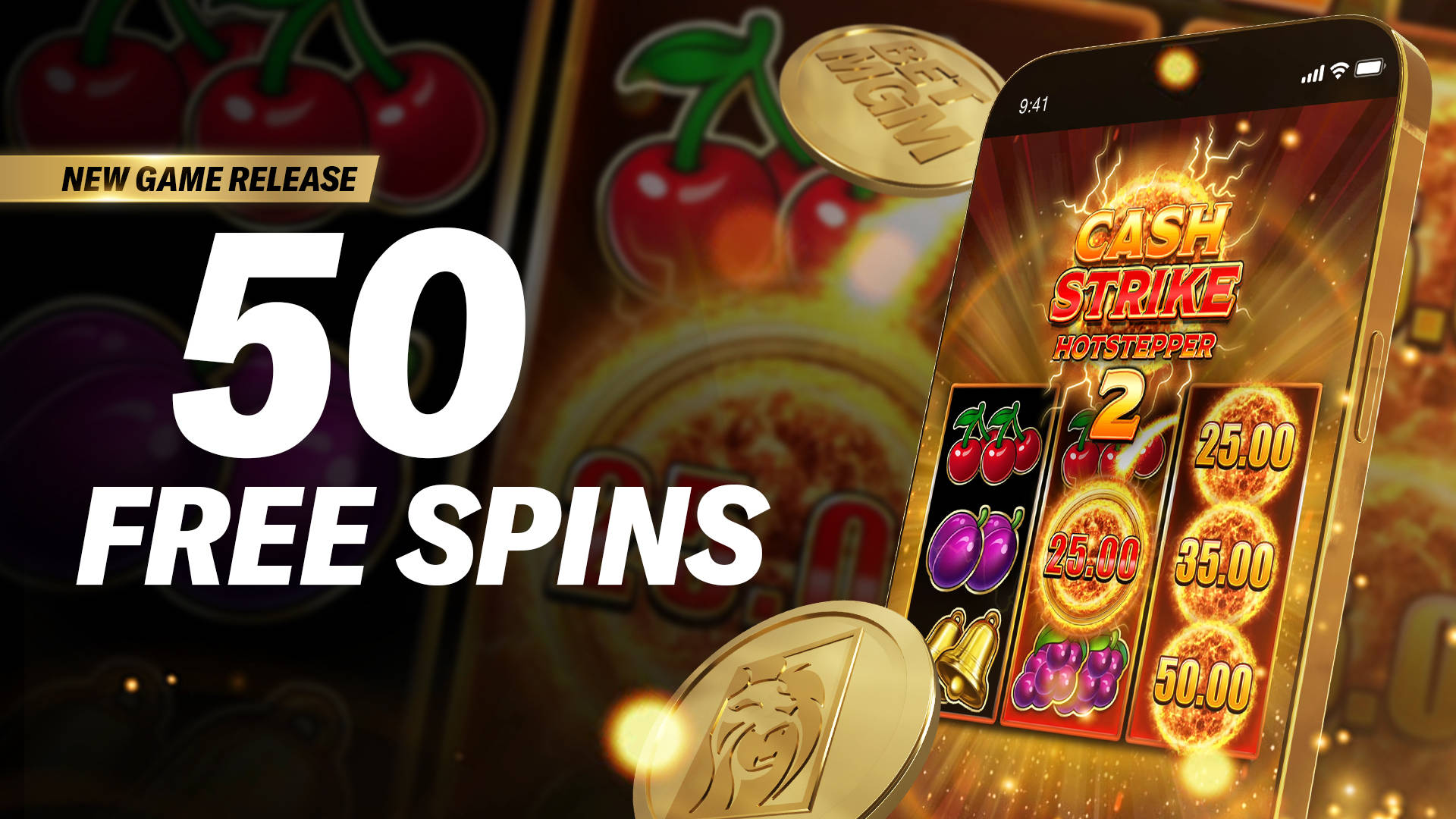 New game release: 50 Free Spins on a mobile slot game.