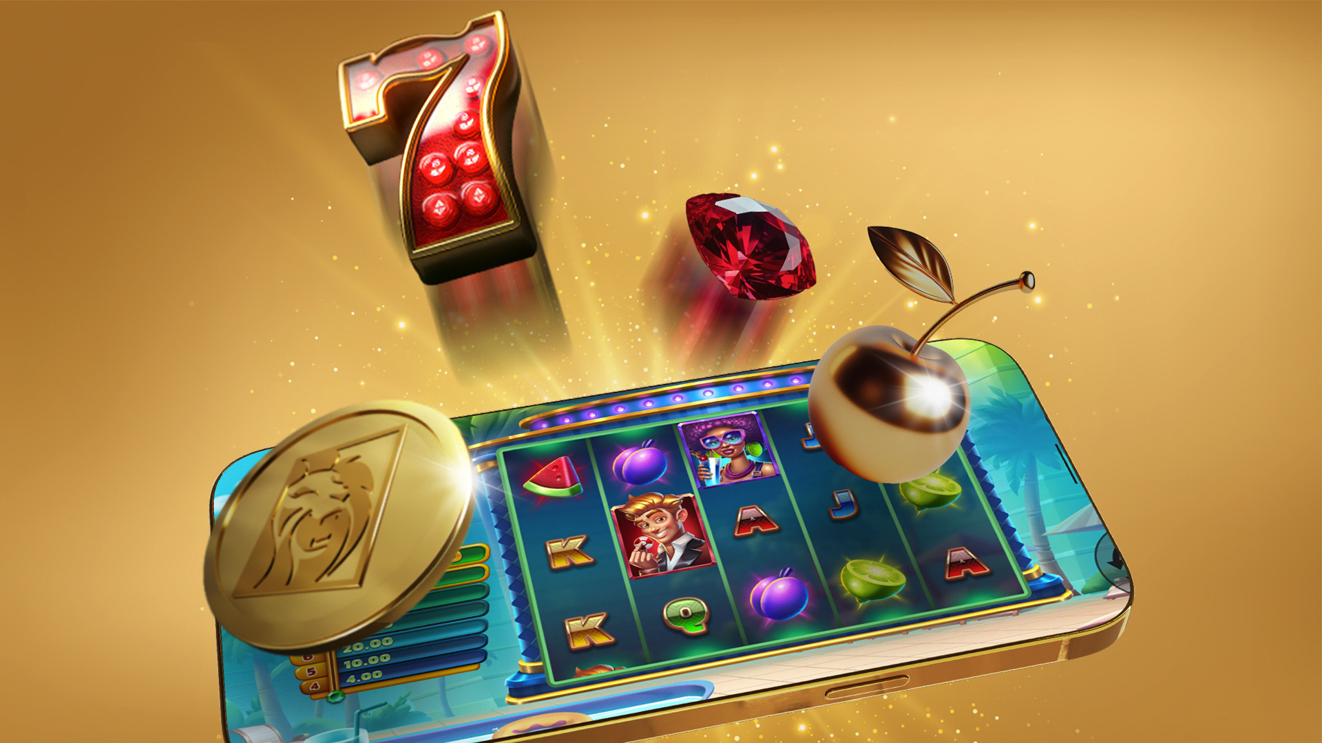 A slot game on a mobile phone screen with symbols jumping off the reels