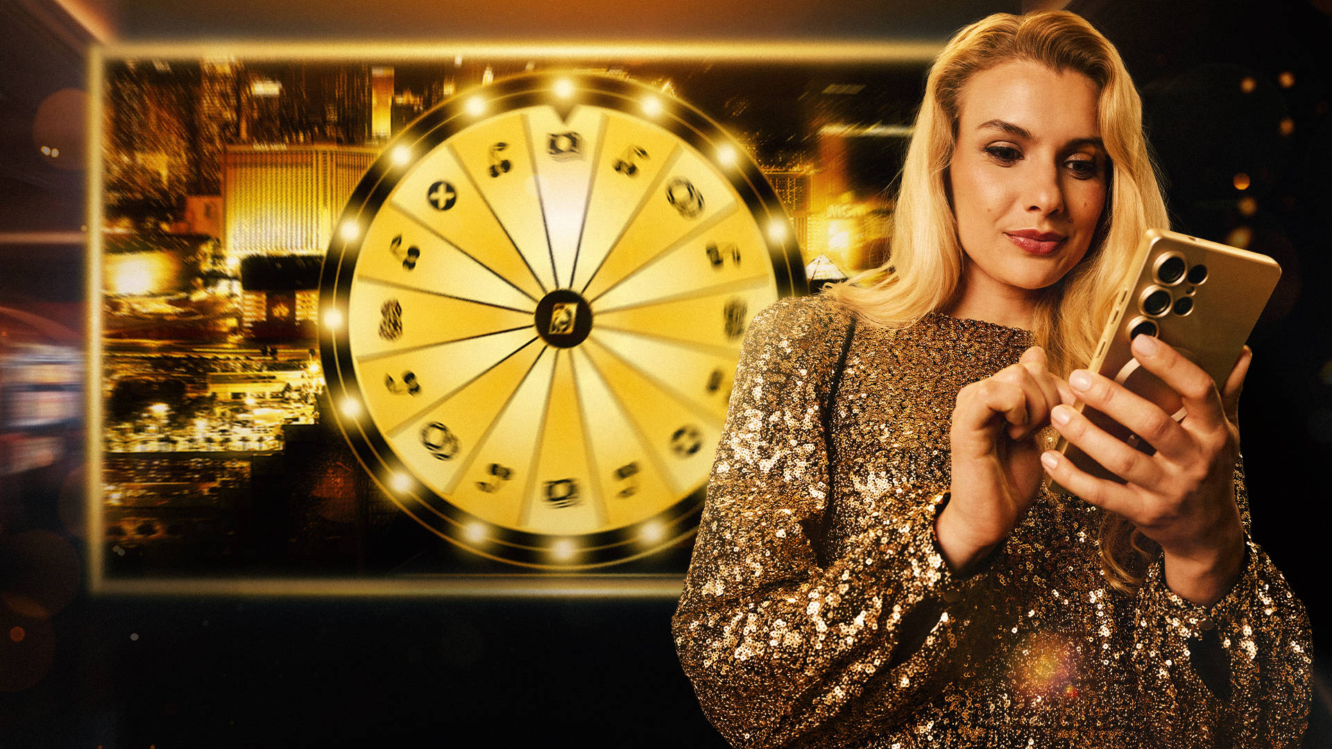 woman using smartphone with the golden wheel in the backdrop