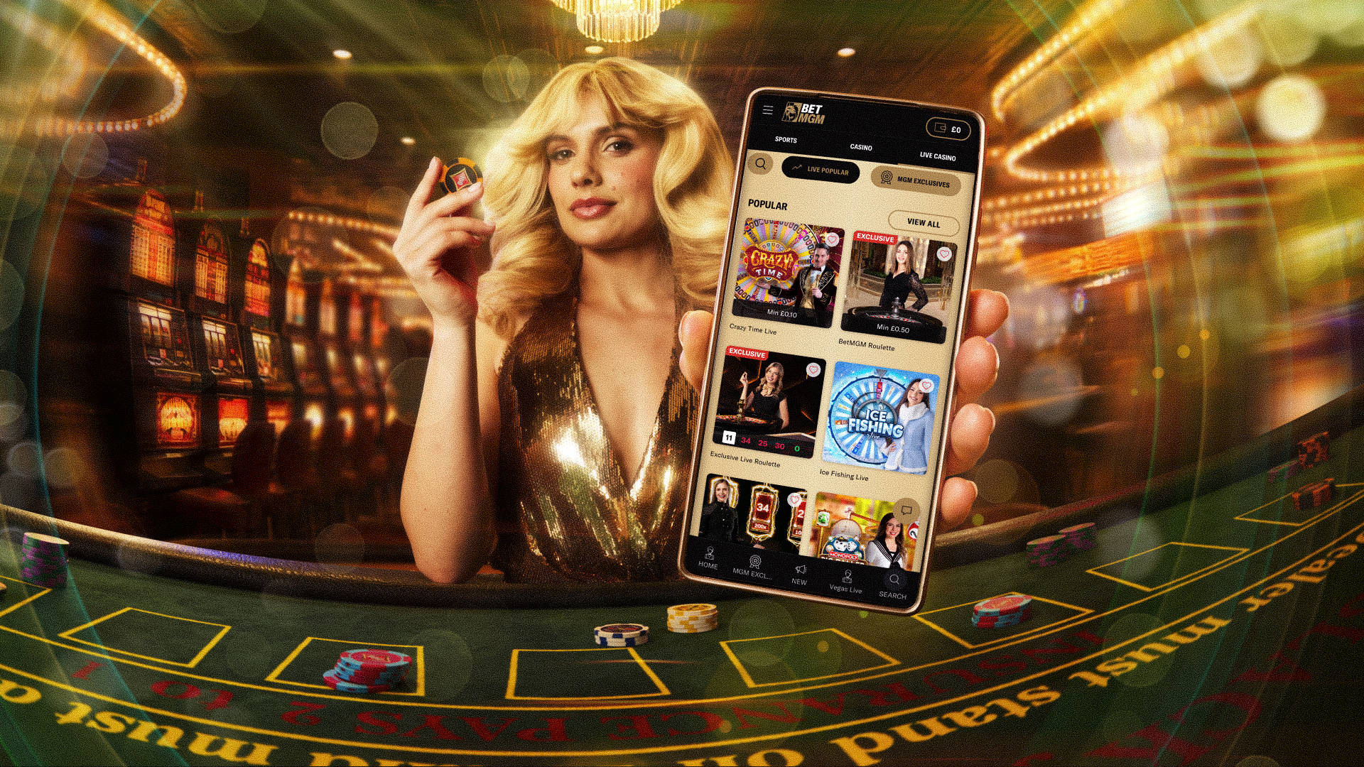 Woman at a casino table holding up a mobile displaying BetMGM live casino